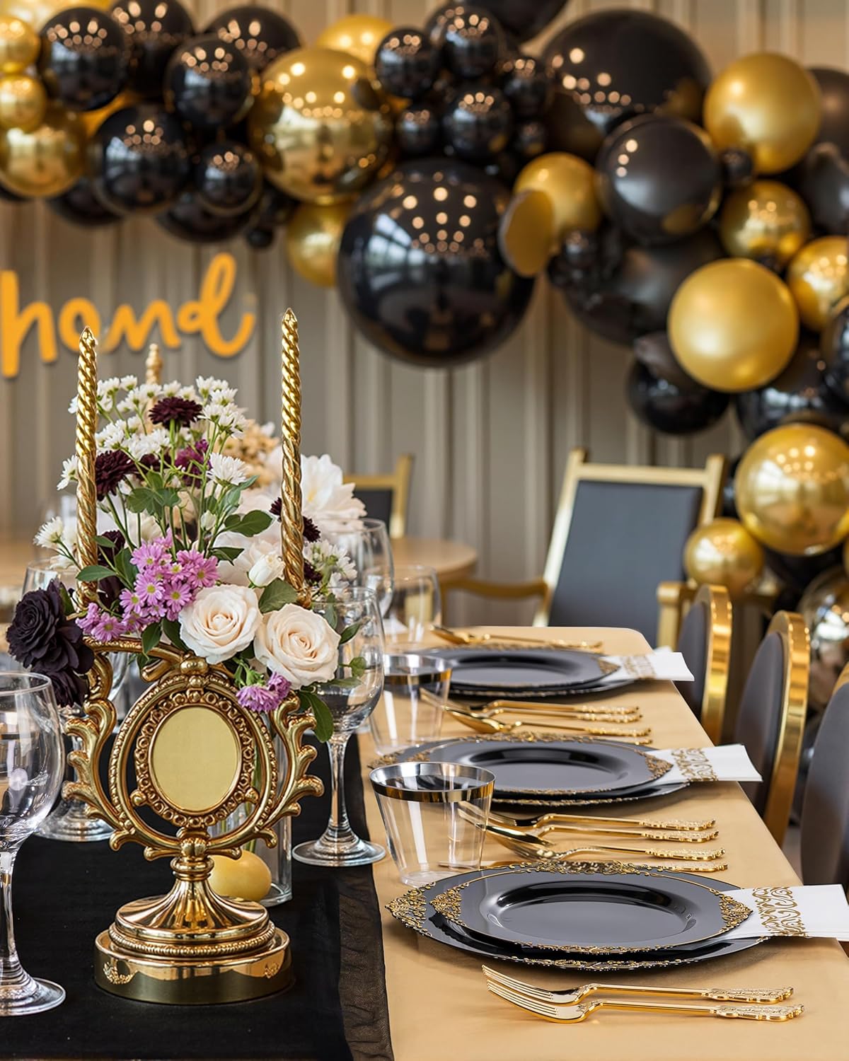 Nervure 350PCS Black Plastic Plates - Black Plastic Dinnerware Sets for 50 Guests - 100 Disposable Plates, 150 Gold Silverware, 50 Cups, 50 Napkins for Wedding & Party & New Year