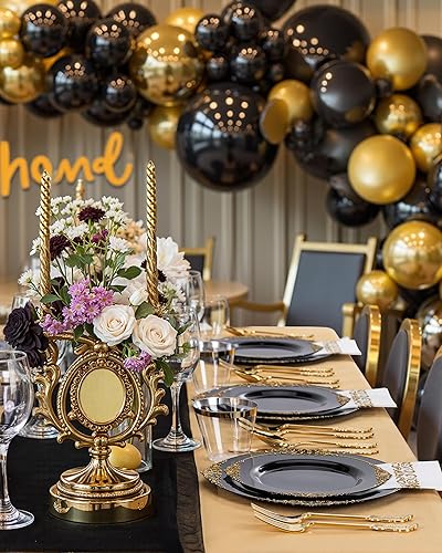 Miniatura 5 de Nervure - 350 platos de plástico negro - Juegos de vajilla de plástico negro para 50 invitados - 100 platos desechables, 150 cubiertos dorados, 50