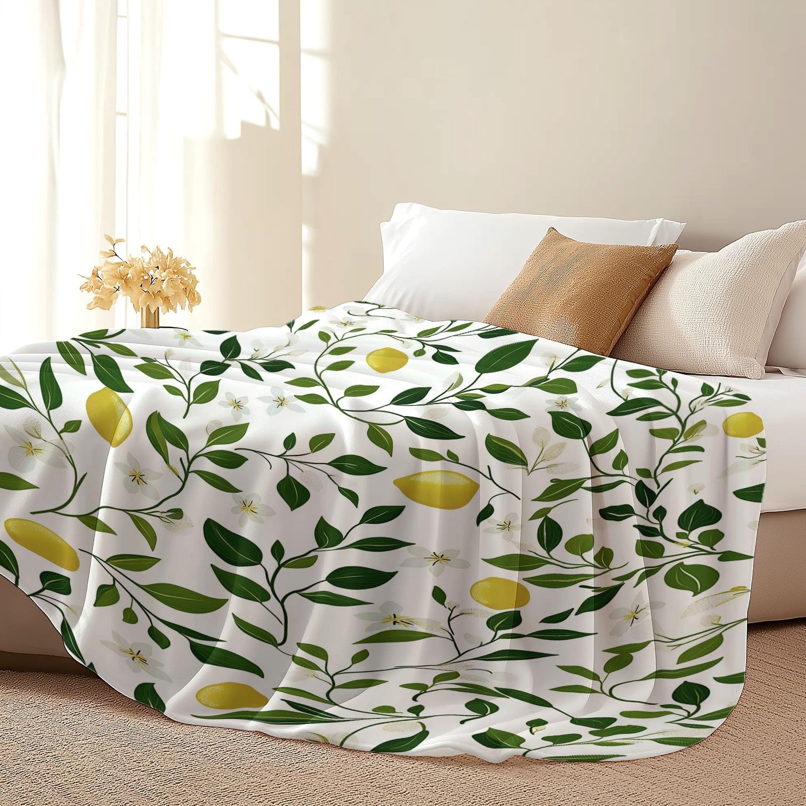 Manta Polar de Franela de Microfibra Flores Simples Hojas Mantas Impresas para la Siesta del sofá, para sofá Cama, Dormitorio, Sala de Estar 180 x 200 cm, Blanco