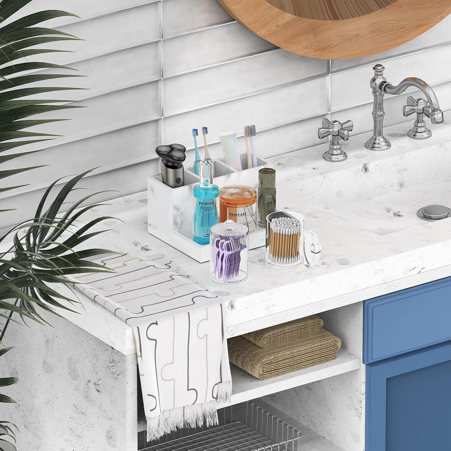 Toothbrush Holder for Bathroom with 2PCS Qtip Holder Dispenser, 3 Slot Bathroom Accessories Holder Floss Cotton Swab Holder Bathroom Vanity Tray for Perfume Comestic Organizer Counter Storage, White