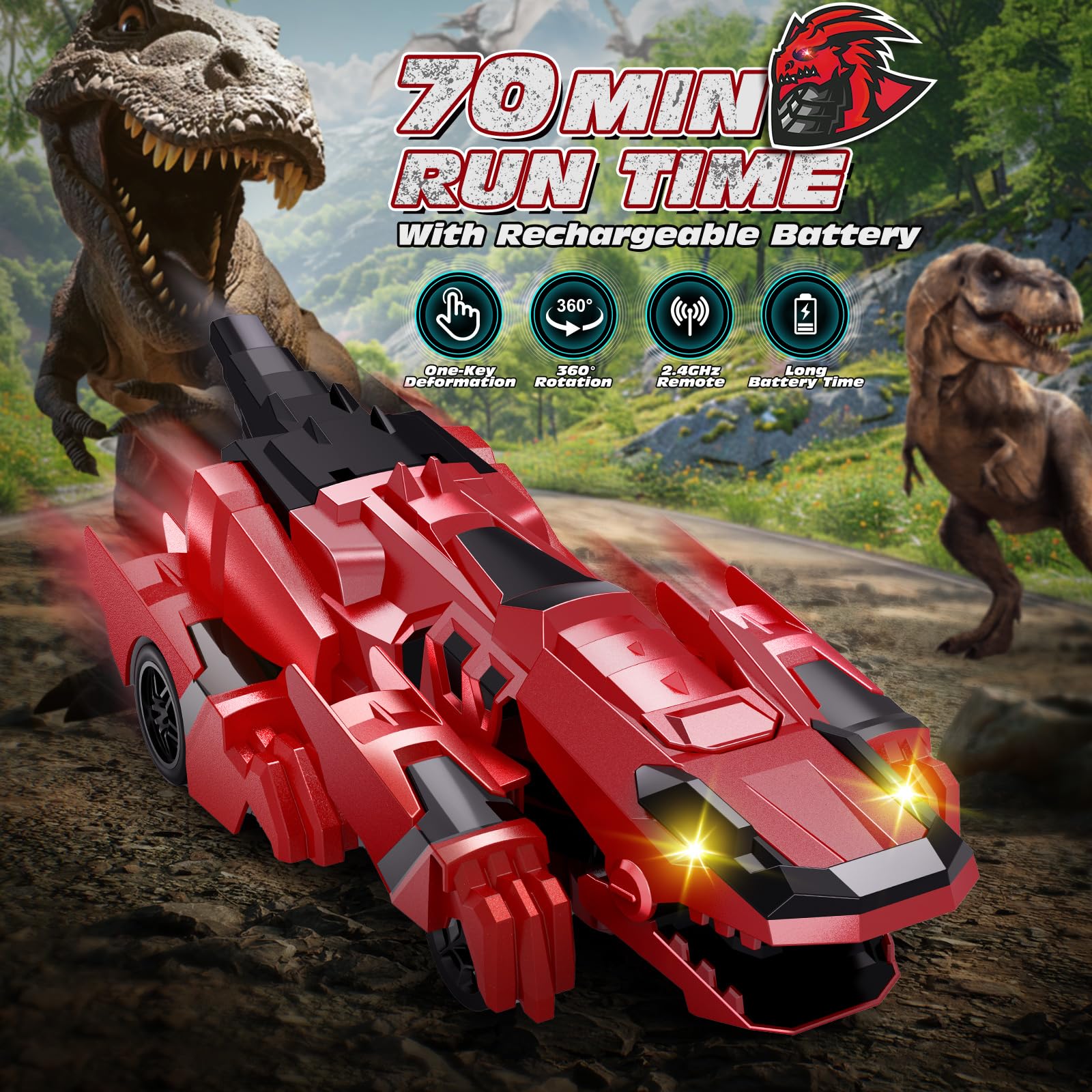 Tecnock 2025 Rechargeable Dinosaur Remote Control Car 2.4GHz One Button Transformation 360 °Rotation Robot Car Toy with LED Lights Toy Gift for Age 4-12 Boys/Girls Red - Image 4