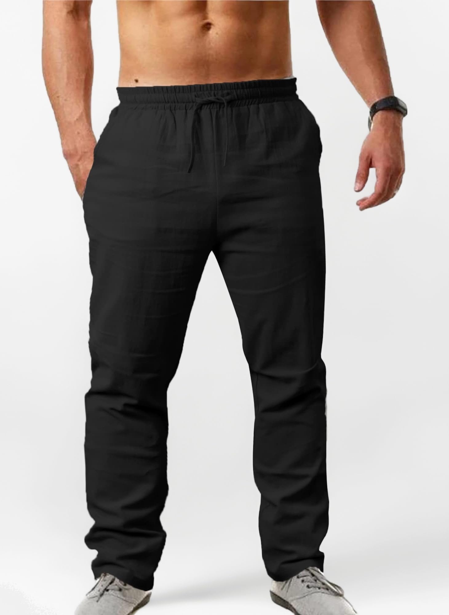 Men's Cotton Linen Trousers Loose Fit Mens Drawstring Trousers Mens Yoga Pants
