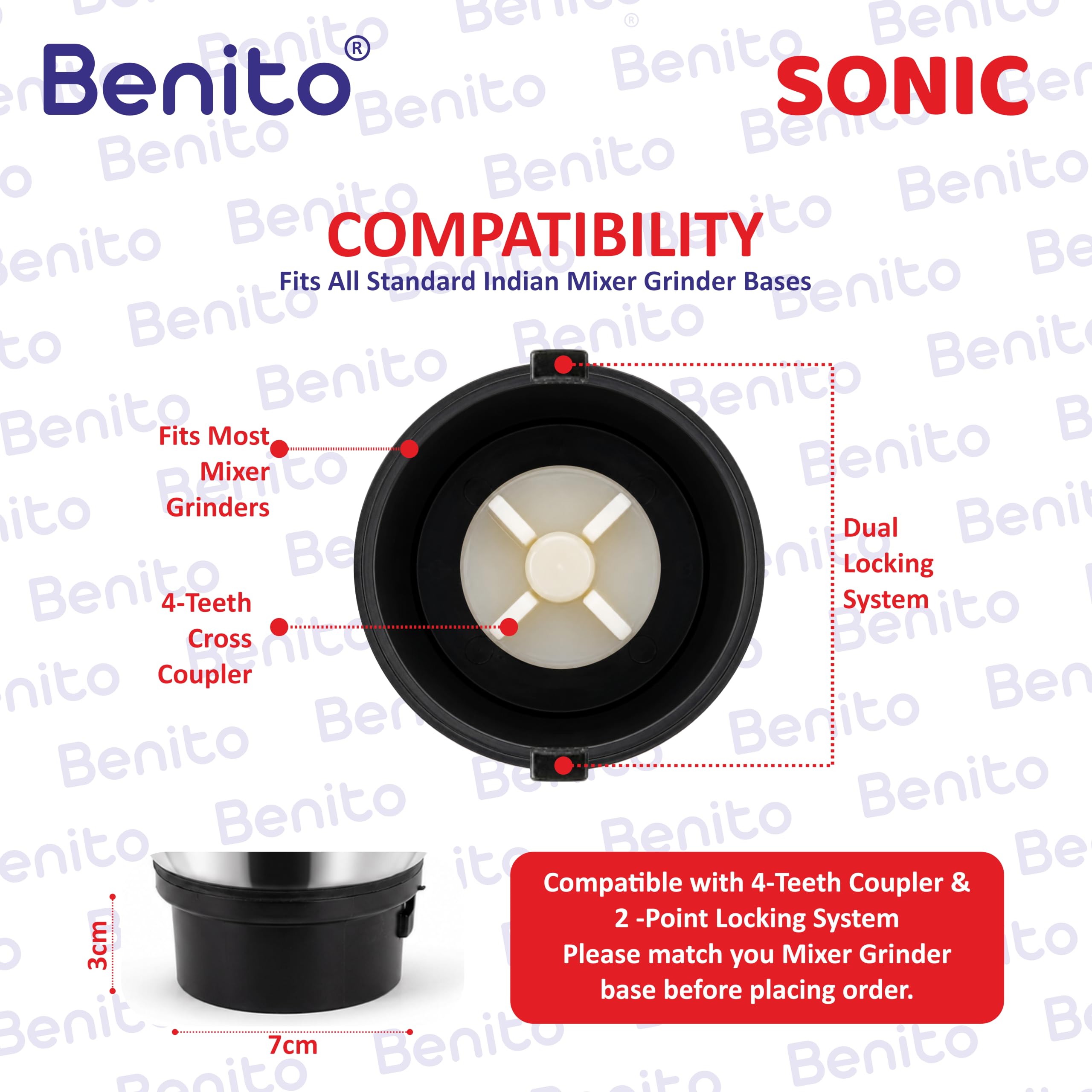 Benito Sonic Stainless Steel Jar Set (500 & 1200ml) for Mixer Grinder – Compatible with 4-Teeth Coupler & Dual Locking System — Amazon image 4