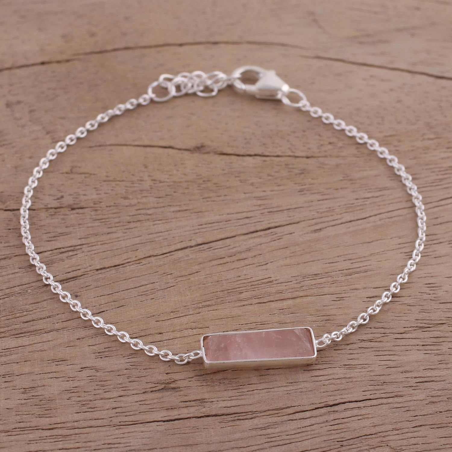 NOVICA Artisan Handmade Rose Quartz Pendant Bracelet | 925 Sterling Silver | Pink Birthstone | Made in India | 7.25-8" L x 0.2" W