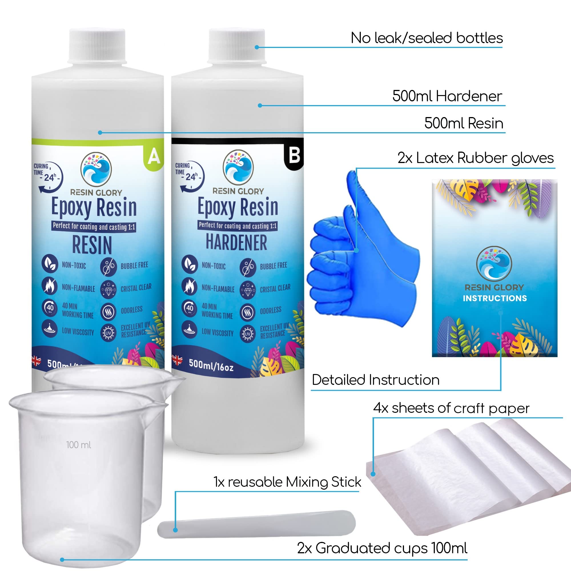 RESIN GLORY Epoxy Resin Kit 1000ml /33oz 11 Ratio Crystal Clear for Art Coating Craft Casting