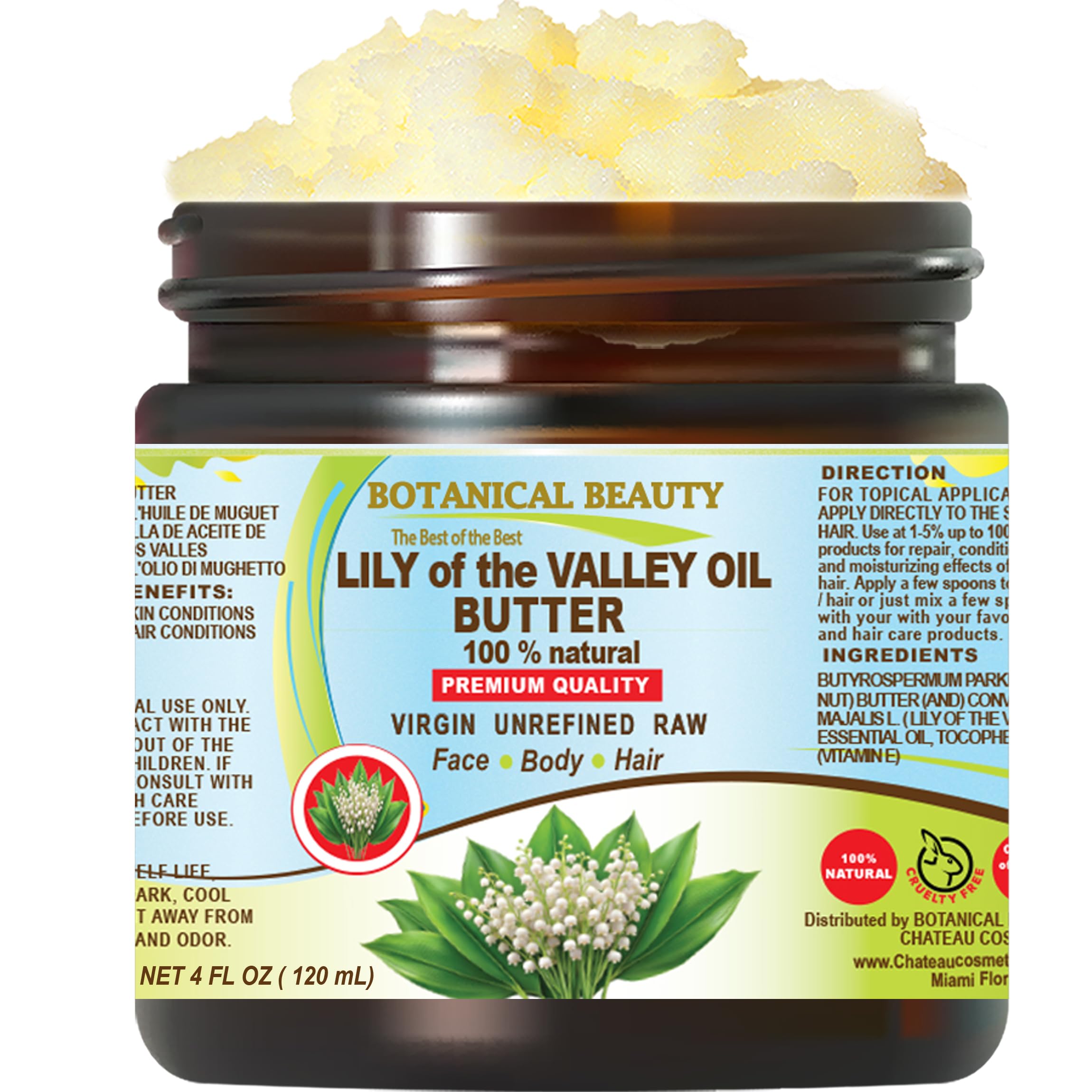Botanical Beauty LILY OF THE VALLEY OIL BUTTER 100% Natural 4 Fl.oz.- 120 ml. Lily of the Valley Essential Oil in Shea Nut Butter for FACE, SKIN, BODY