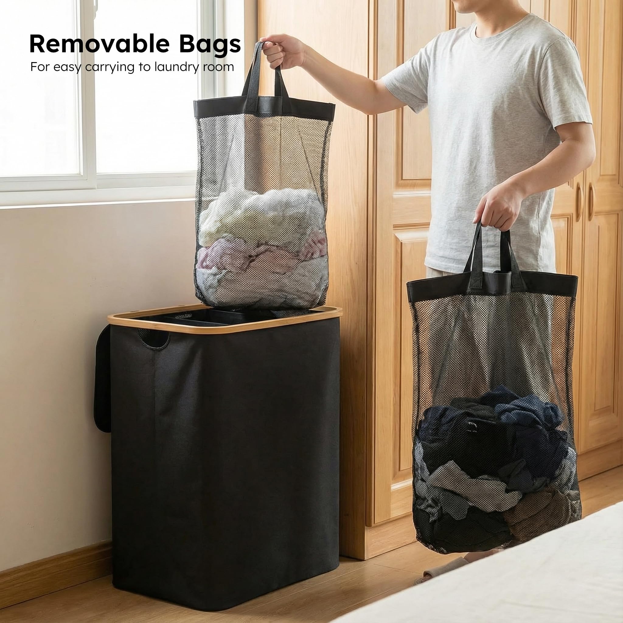 C'est Home Wäschekorb mit Deckel, 3 Abschnitte Großer Wäschesammler, 145L, Abnehmbare Netztaschen, Bambusrahmen, Oxford-Gewebe, Familie Schmutzwäsche Sortierer für Wäschekorb
