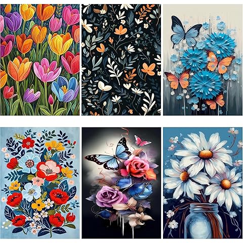 DOTZSO Diamond Art Kits for Adults 6 PCS DIY Full Diamond Art kit with Crystal Cross Stitch Picture Art and Craft for Adult Beginners 12x16 Inches (Flowers Butterfly)