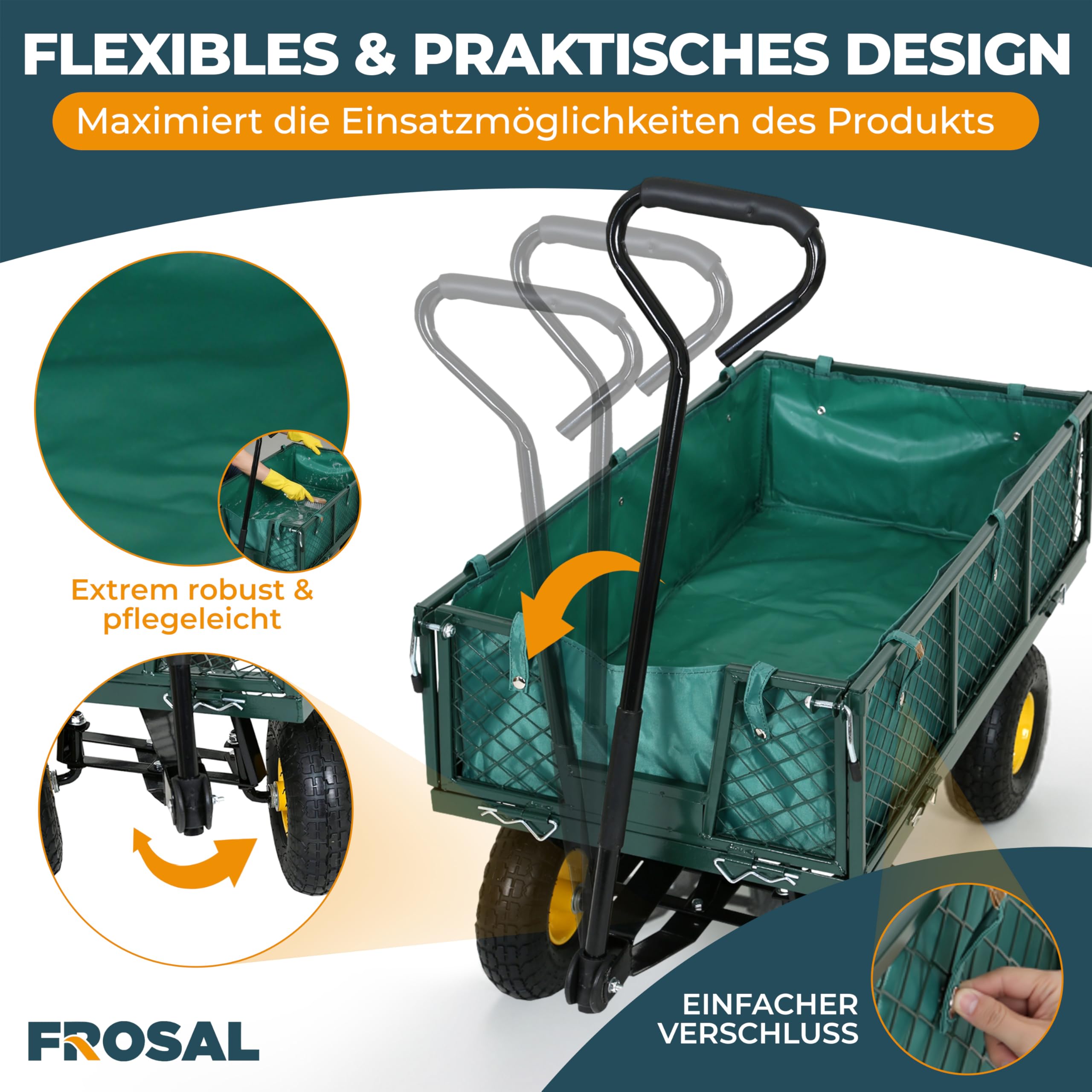 FROSAL Transportwagen Phil mit Lufträdern – Gartenwagen mit klappbaren Seitenwänden – Eigengewicht 19,5 kg – bis 350 kg Tragkraft – Maße 96,5×50,5×56,5 cm – Reifen Ø 26 cm – Stahlrahmen mit Innenplane