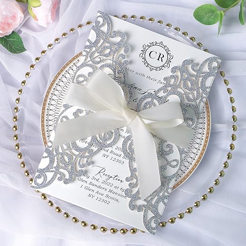 Ponatia - 25 tarjetas de invitación cortadas con láser de 512 x 71 pulgadas con sobres para bodas fiestas de compromiso cumpleaños Escarcha plateada