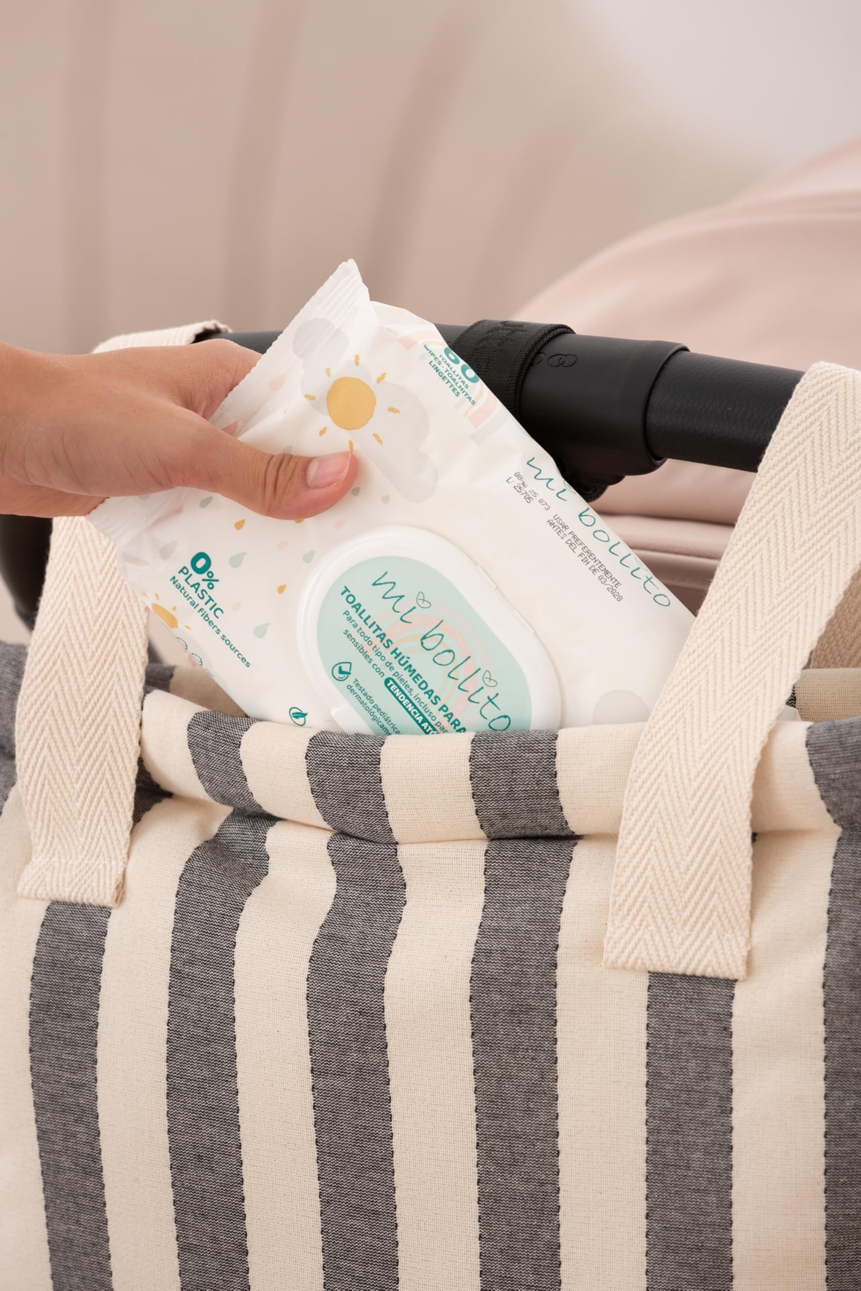 Sac à roulettes pour bébé | Nouvelle collection | Sac pour poussette universel avec fermeture à clic | Léger, pratique et avec grande capacité | Motif à rayures.