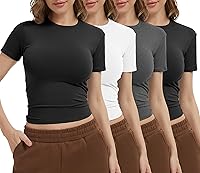 Dalavch 4-Pack Women's Compression Crop Tops - Short Sleeve Crew Neck Workout Shirts for Running Yoga Gym