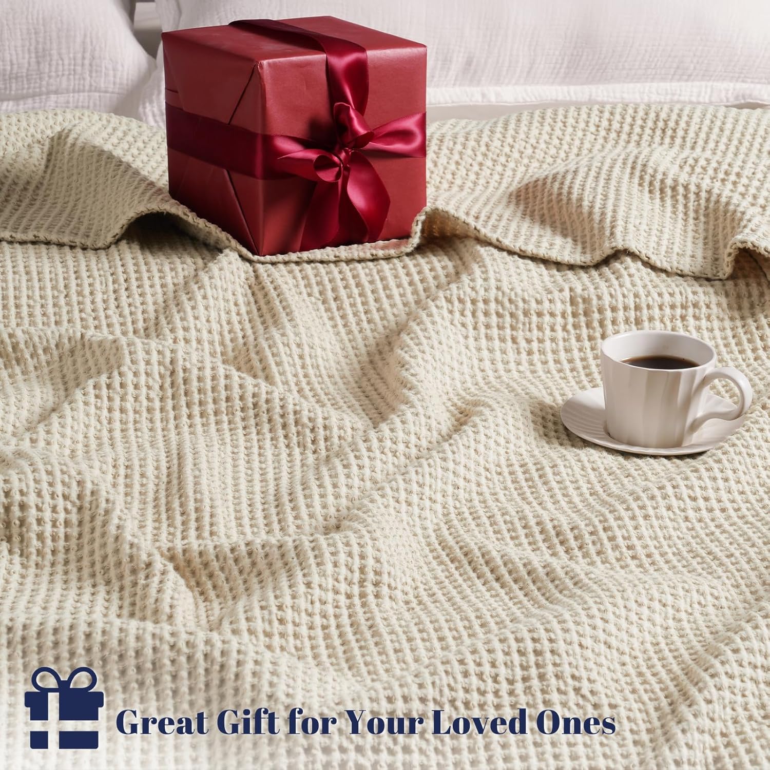 PHF 100% Cotton Waffle Weave Blanket Twin Size for Bed, Snag Proof Lightweight Breathable Moisture-Wicking Throw for Couch, Great for Layering in Cold, Machine Washable, Home Decor Gift- Linen/Stone