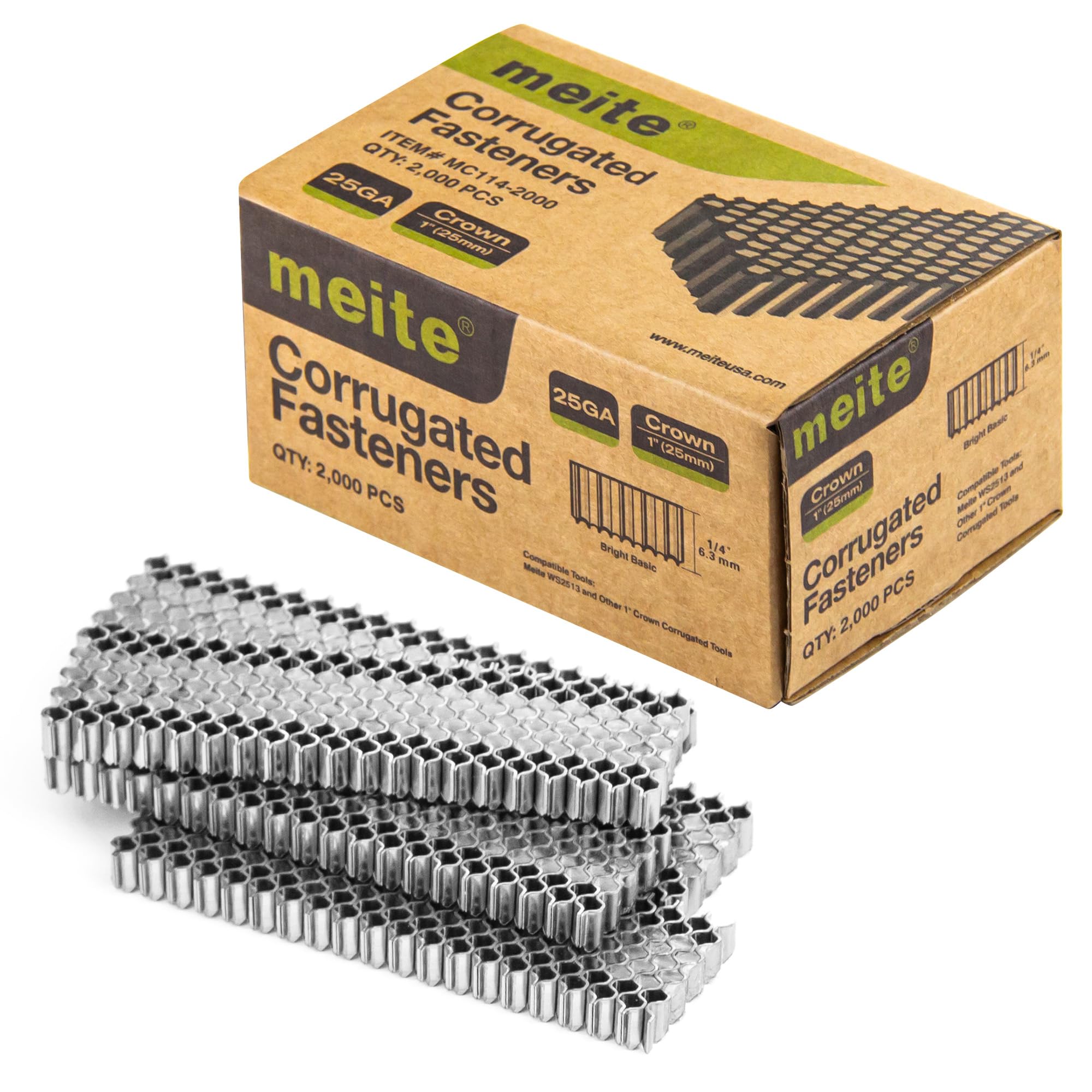 meite Corrugated Fasteners MC114 25 Gauge 1-Inch Crown 1/4-Inch Length Staples Corrugated W Fasteners for Pneumatic Corrugated Tools, for Woodworking