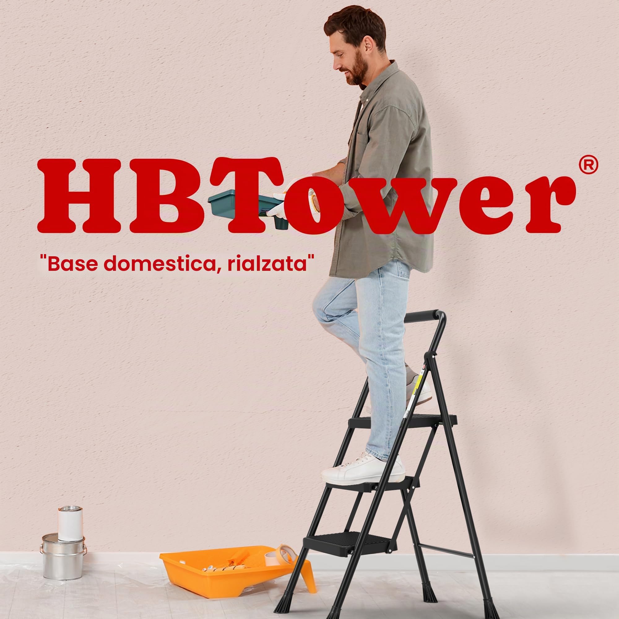 HBTower Scala 3 Gradini Pieghevole, Pedane Antiscivolo con Corrimano Confortevole, Scala Portatile in Acciaio, Nero