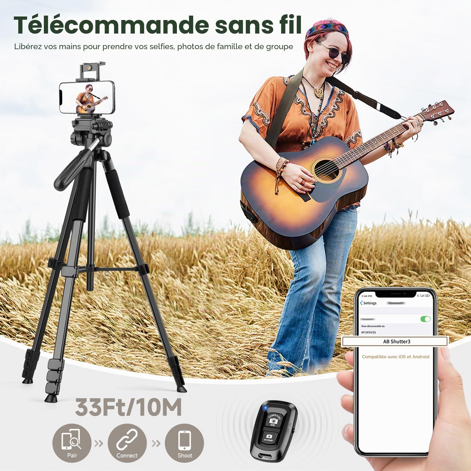 JOILCAN Trepied Appareil Photo, 173cm Trepied Smartphone Léger en Aluminium avec Détachable à 3 Voies, Trépied pour iPhone/iPad/Caméra/Téléphone avec Télécommande et Support pour Téléphone Tablette
