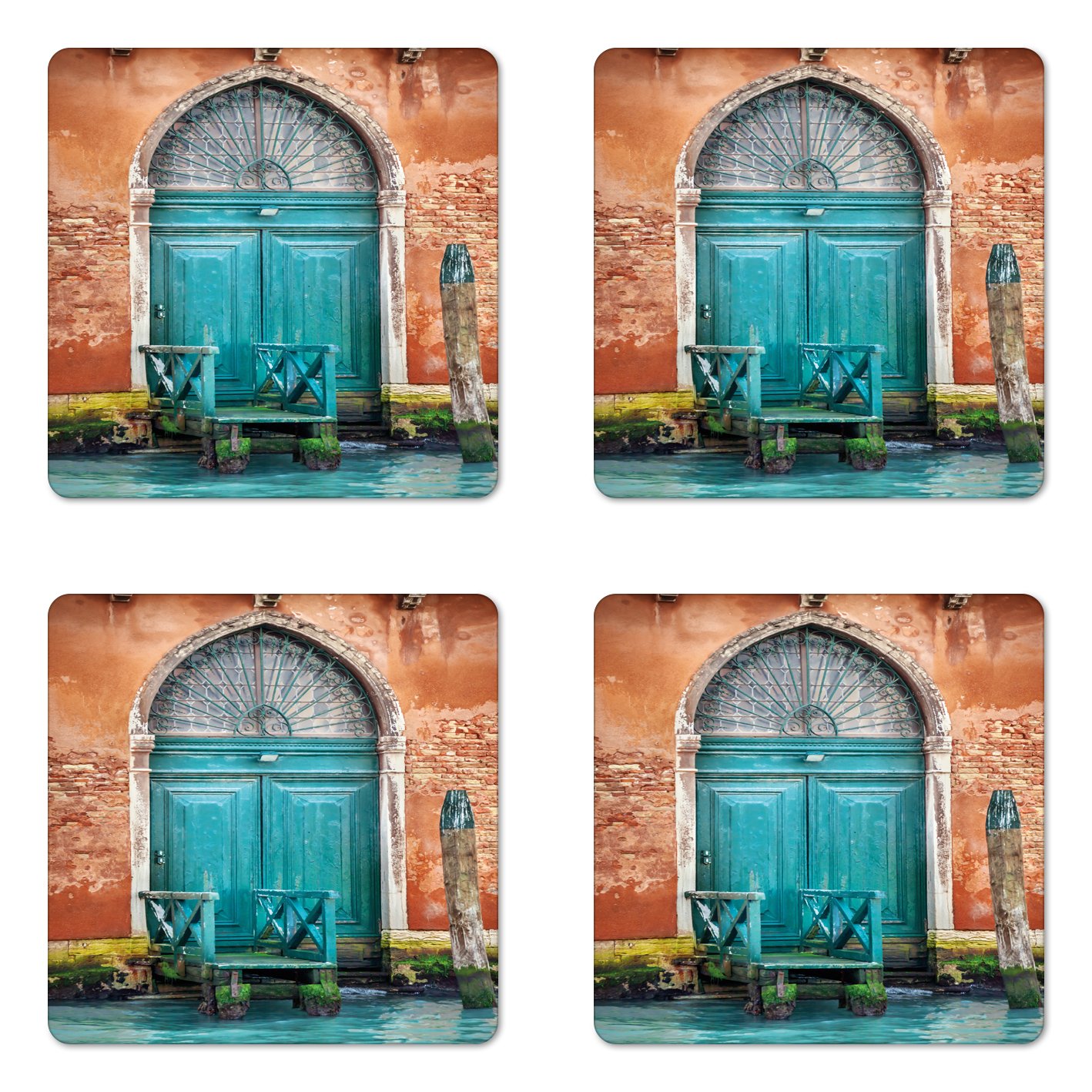 Ambesonne Venice Coaster Set of 4, Building with Antique Door Entrance City on Water Historical Urban, Square Hardboard Gloss Coasters, Standard Size,