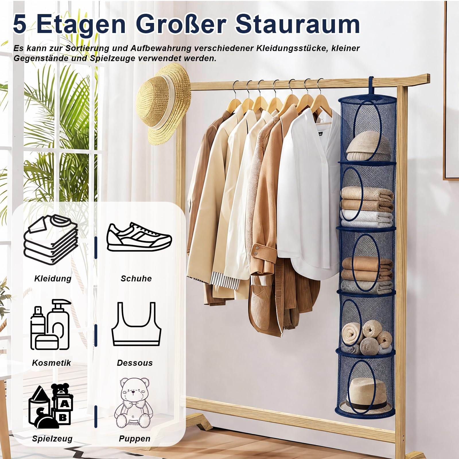 ZYNERY 3 Stück Set Hängende Netz-Aufbewahrungstasche, 5 Stufe Faltbare Hängeaufbewahrung Organizer, Hängender Speicherkorb Kinder für Kinderzimmer Badezimmer Balkon (Marineblau)