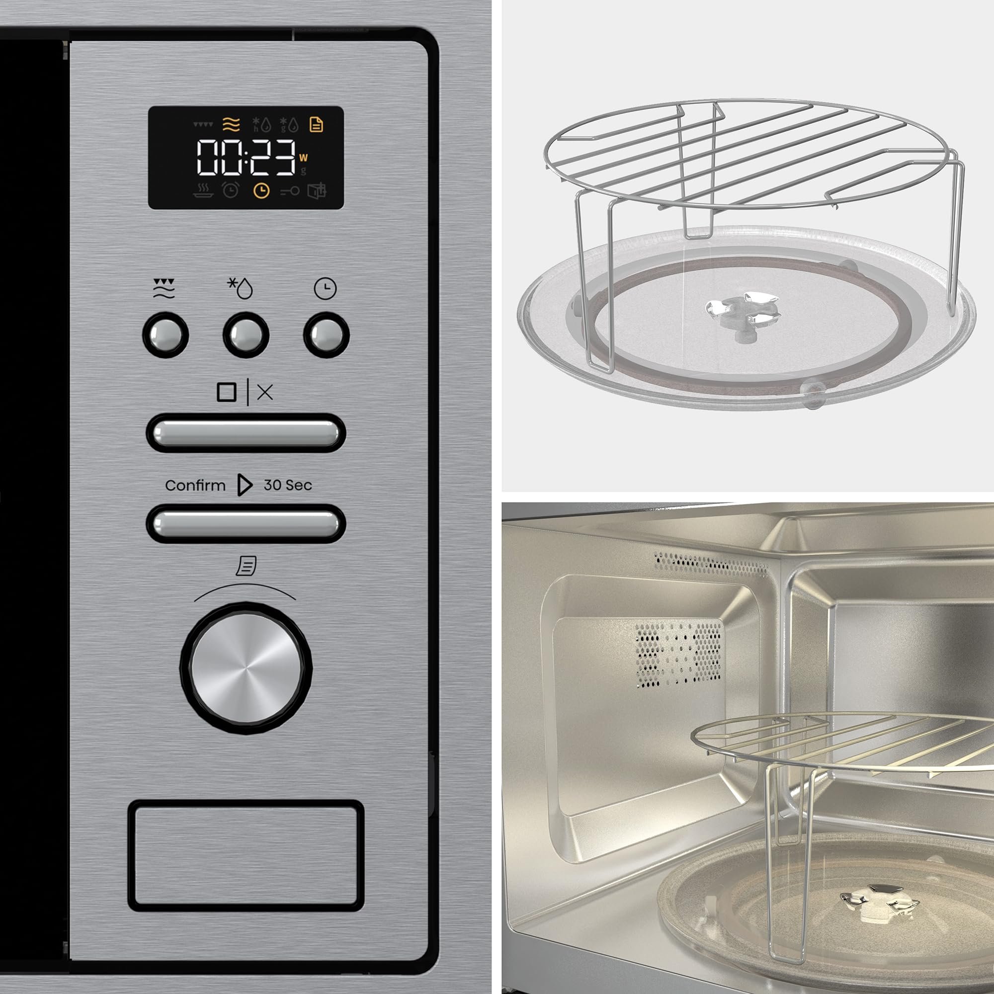 Hisense BIM320G41X - Microondas Integrable, 1000W, 20L, Alto 38.8cm x Ancho 59.5cm, Color Inox, 5 Niveles de Potencia, 15 Programas Preestablecidos, Grill Combo, Descongelar por Tiempo o Peso