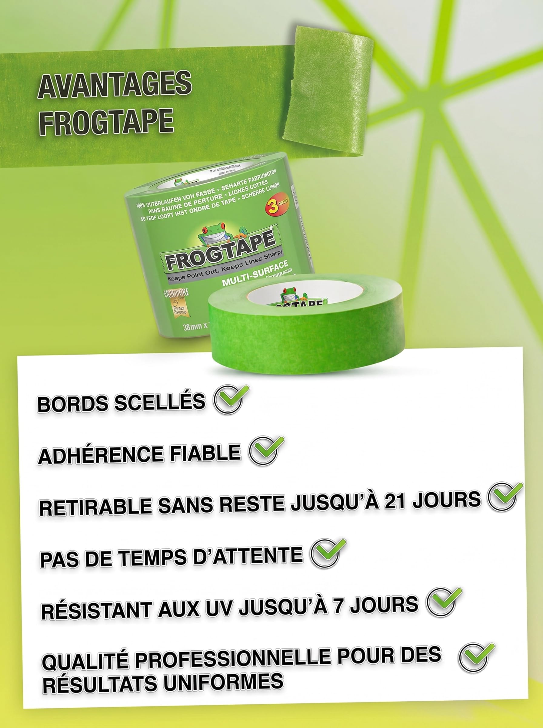FrogTape Multi Surface Ruban de Masquage 36mm x 55m lot de 3, Adhésif Peintre avec Technologie PaintBlock, Lignes Nettes, Enlèvement Sans Résidus, Scotch Peinture pour Bois Verre Métal, Vert