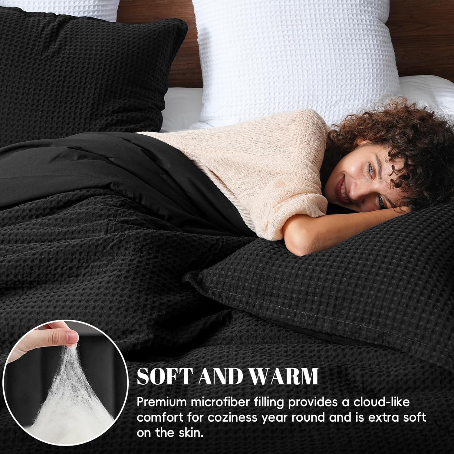 PHF Ultra Soft Waffle Weave Comforter Set California King Size, 3 Pieces Lightweight Breathable Comfy Bedding Set, Comfy Textured 1 Comforter with 2 Pillow Shams, Black - Image 2