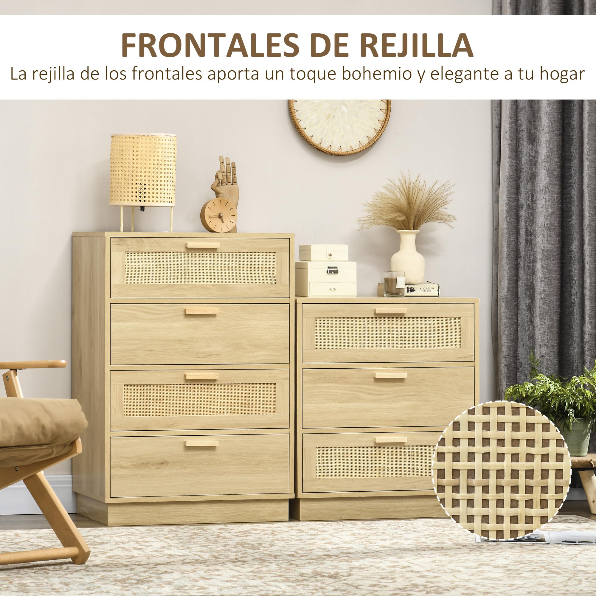 HOMCOM Cómoda de Noche con Cajones de Rejilla de Ratán Cómoda de Dormitorio Estilo Bohemio Antivuelco para Sala 60x38x69 cm Natural