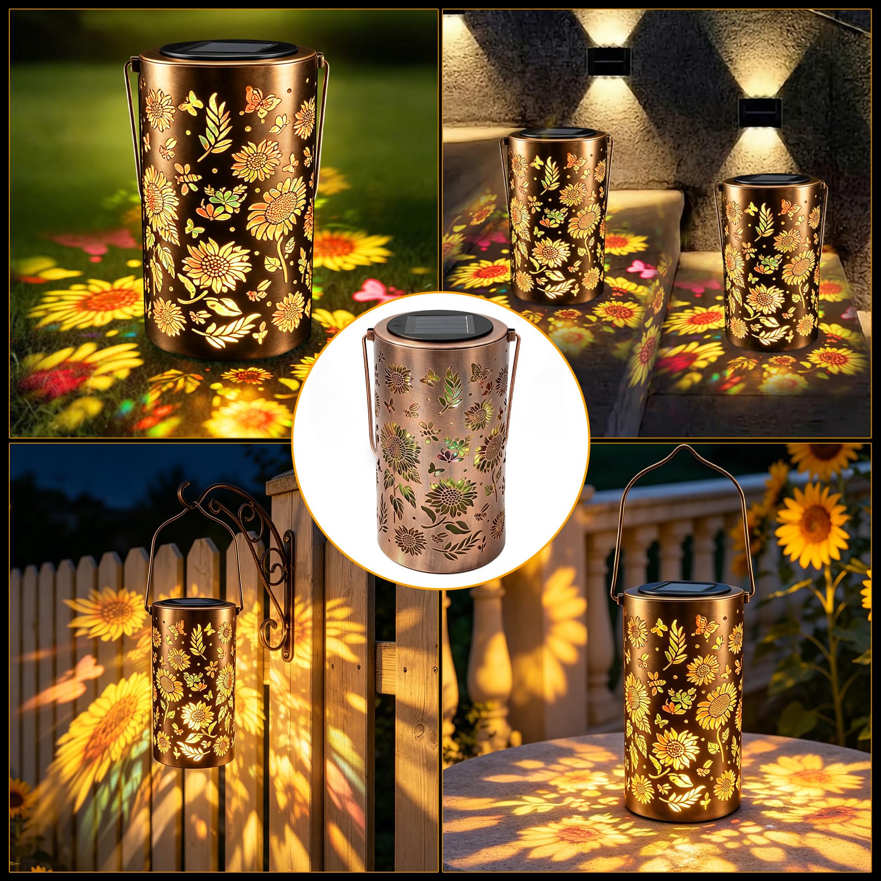 VEEKAY 2 Pezzo Lanterna Solare a Forma di Girasole per Esterno,Lampade Solari da Giardino in Metallo,IP65 Impermeabile,Lanterna Decorativa Da Giardino per Tavolo, Esterni, Terrazzo,Balcone