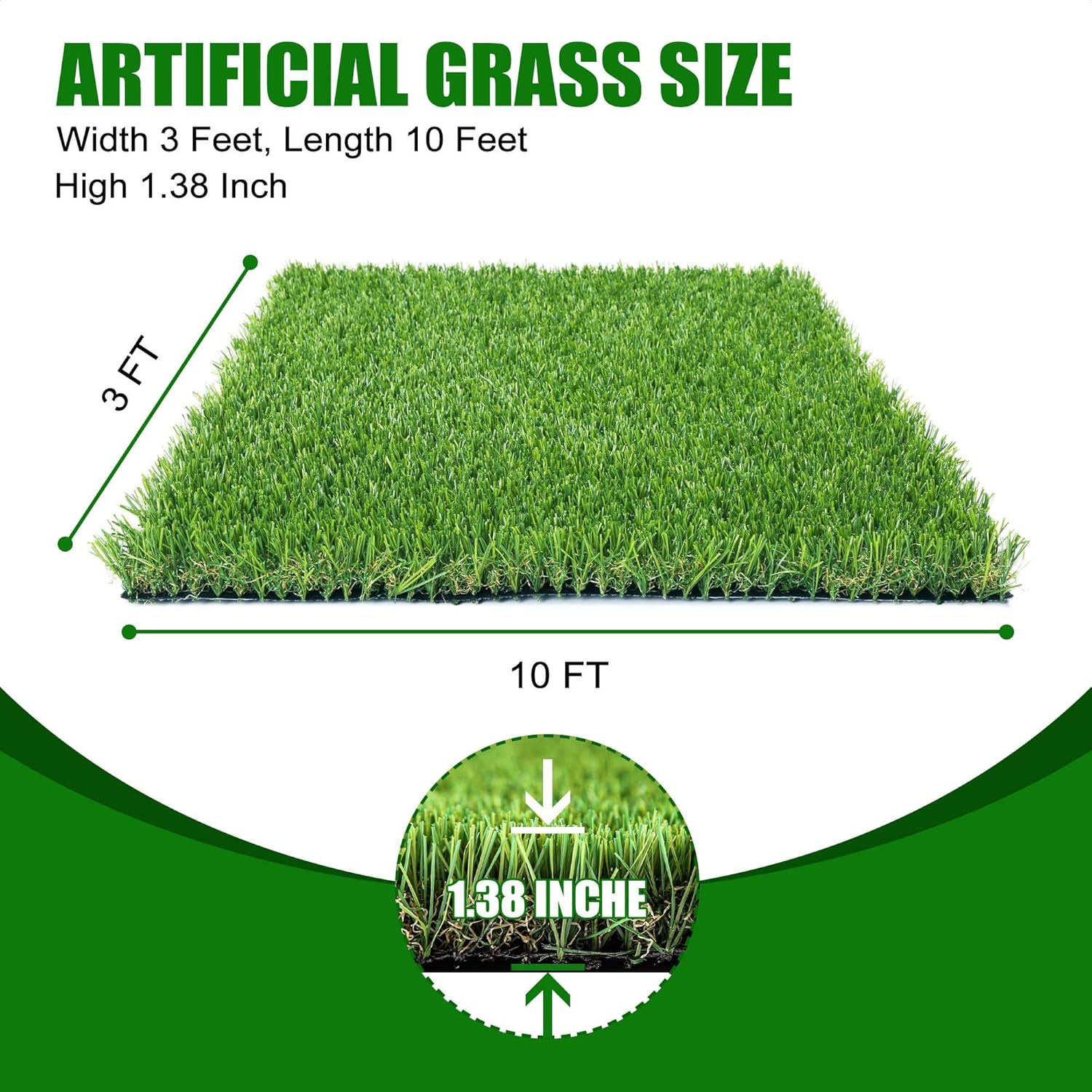 Artificial Grass Turf 3x10 FT Dog Pee Pad, Large Synthetic Turf Mat with Drainage Holes for Potty Training, Reusable Fake Grass Rug Indoor Outdoor Patio Balcony, Green