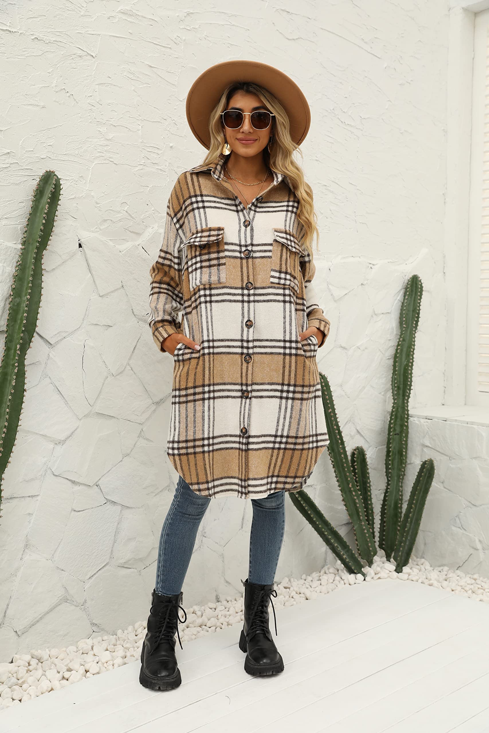 SeekMe Women's Long Plaid Shirt Jacket Shacket Lapel Button Down Woolen Blend Casual Tartan Over Shirt Trench Coat