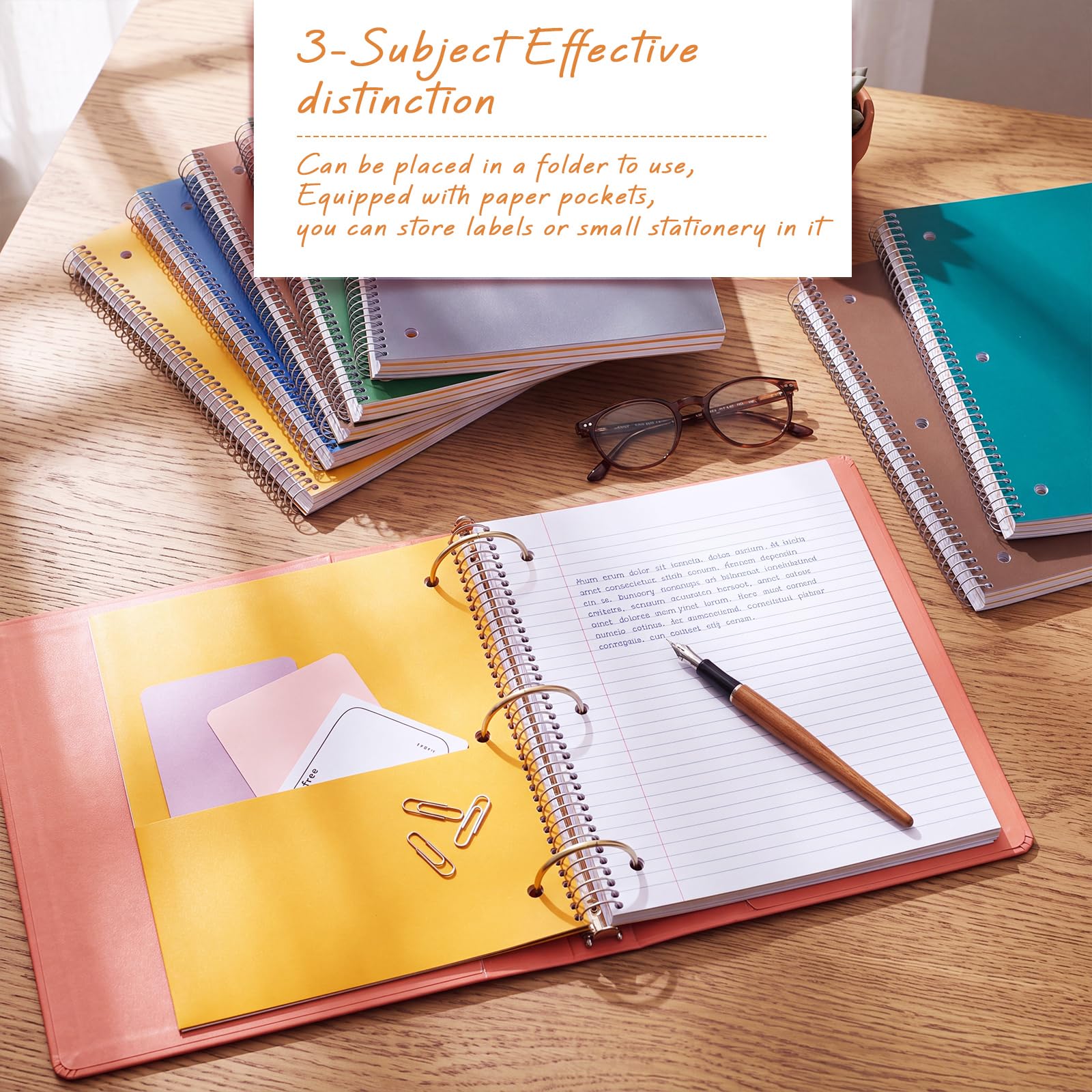 Qilery Lot de 8 carnets à spirale à 3 sujets lignés pour université - 20,3 x 26,7 cm - 3 compartiments - Couleurs assorties - Ligne facile à déchirer - 150 feuilles - Pour le bureau, l'école (couleur