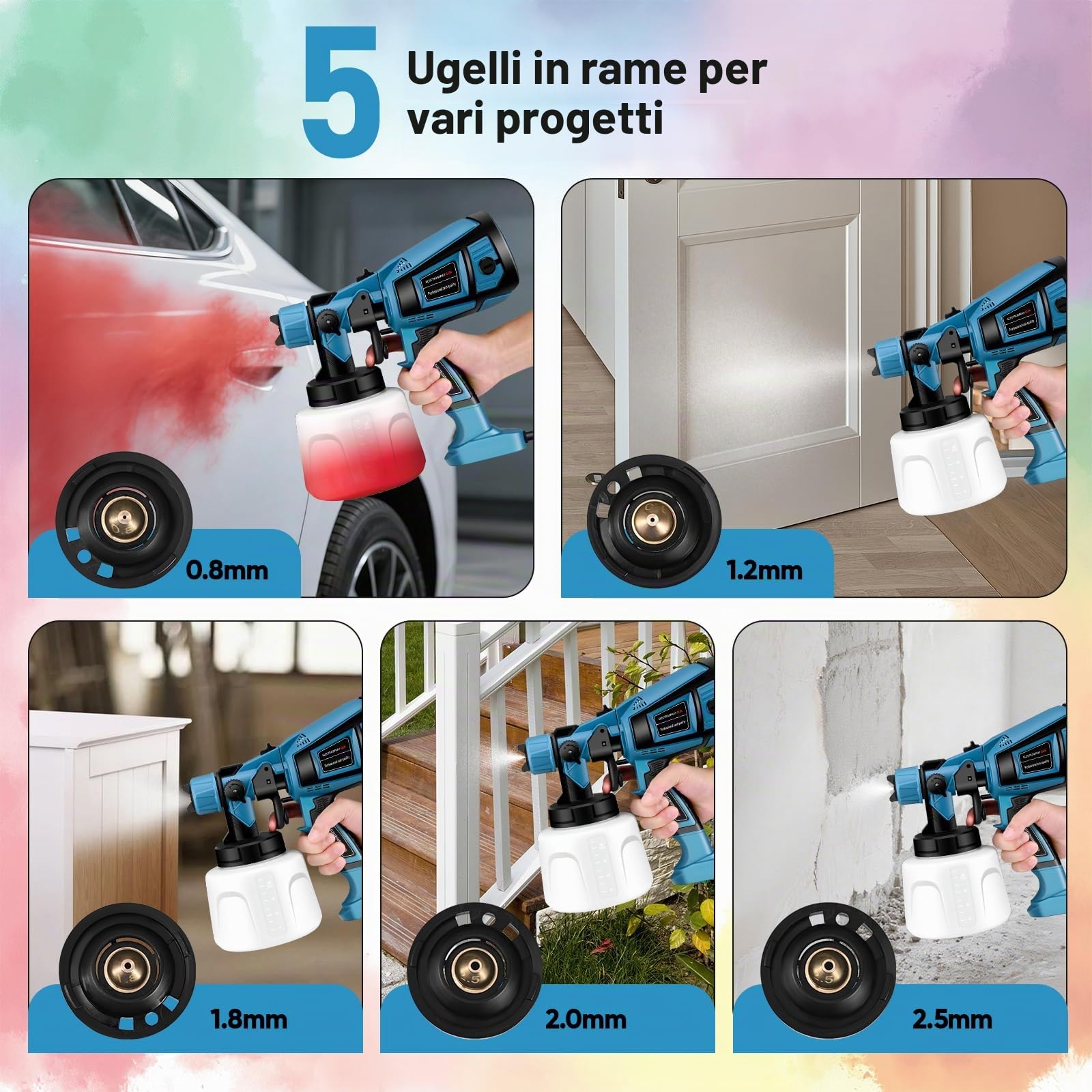 Pistola a Spruzzo,1400ml 800W HVLP Pistola a Spruzzo per Verniciare da 5 Ugelli e 3 Modalità,Capacità pistola a spruzzo elettrica, Per Vernici & Pareti & Interni ed Esterni