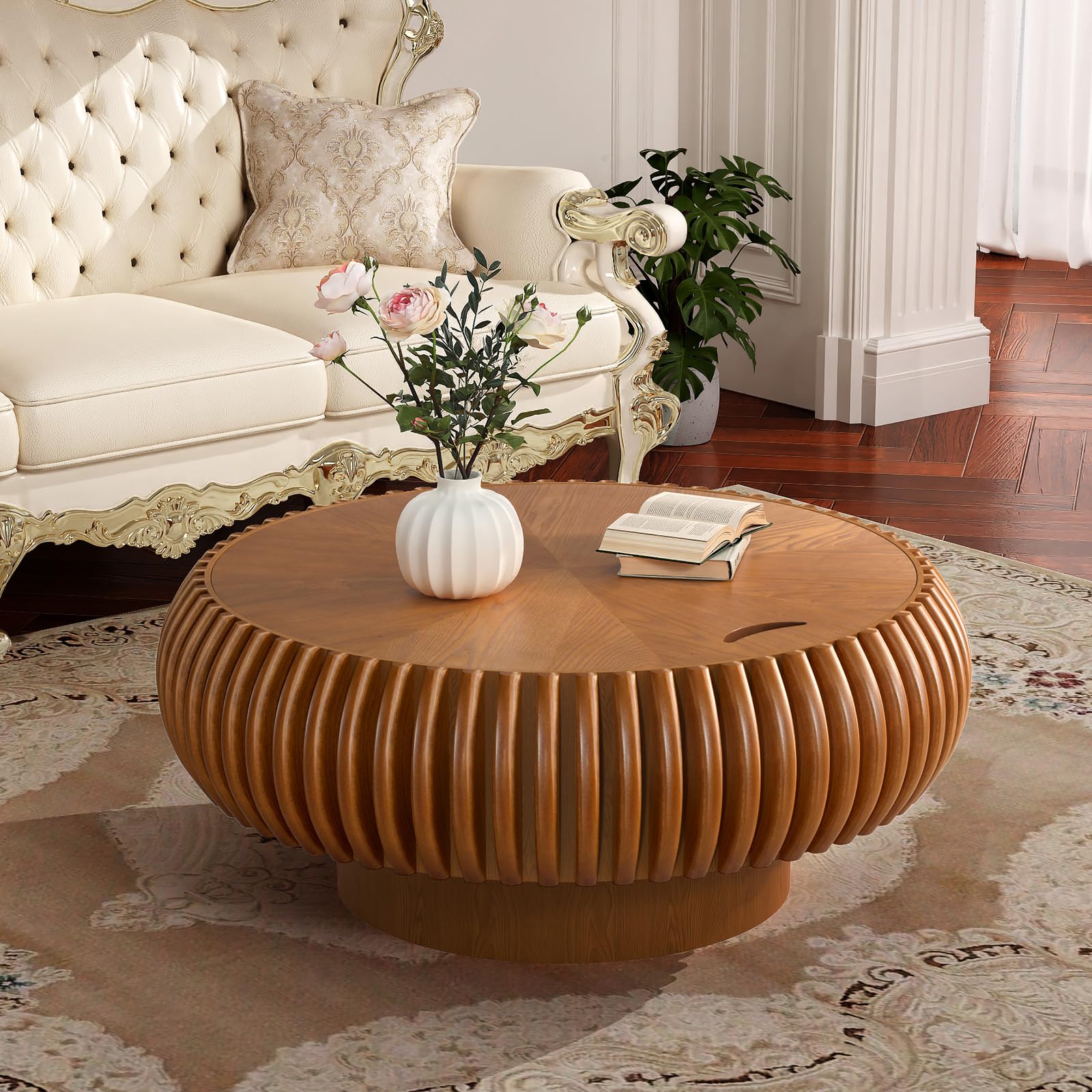 FeiZhiYanS Mid-Century Round Fluted Coffee Table for Living Room