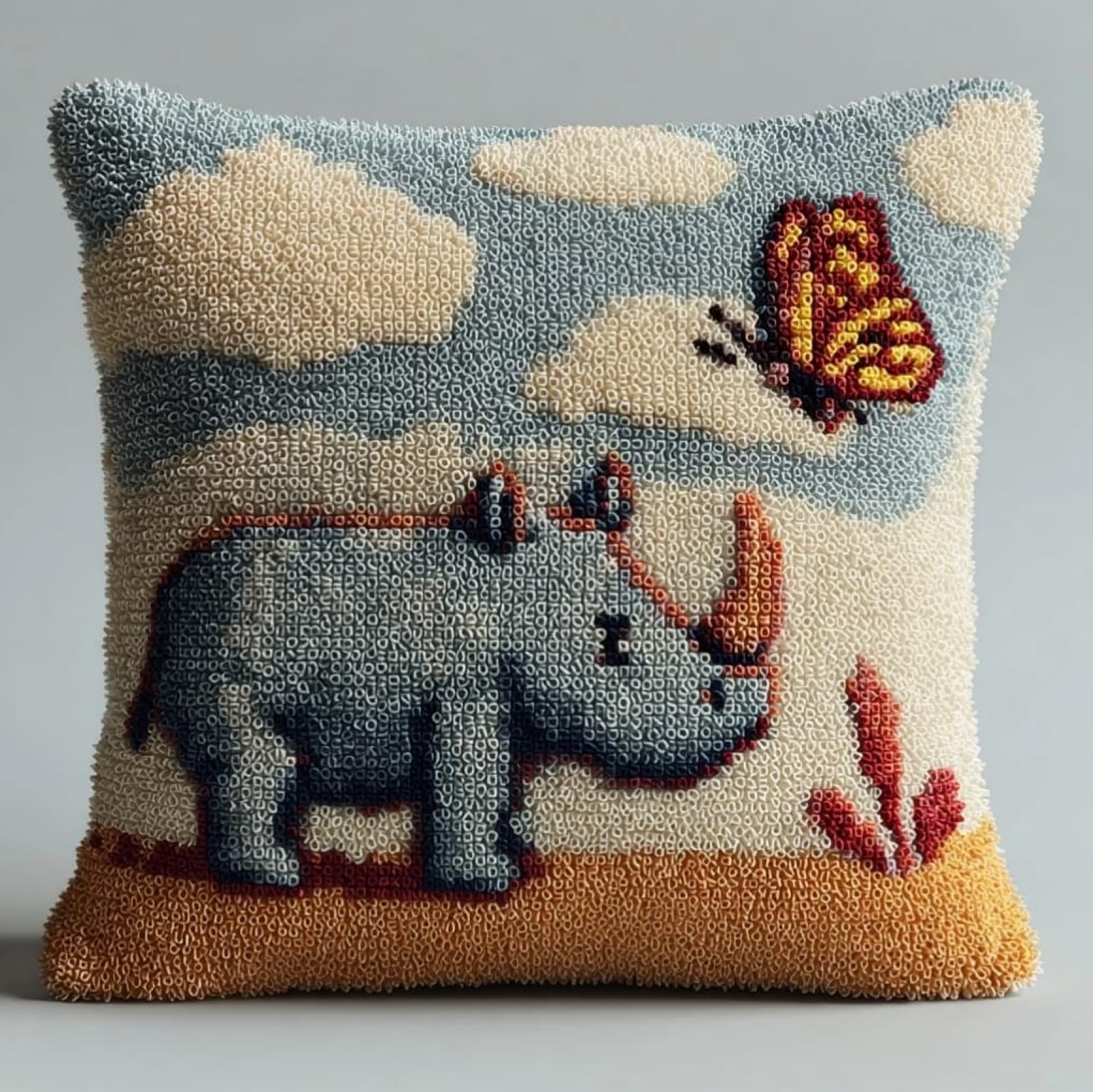 Wallustrioaw Rhinoceros And Butterfly Latch Hook Craft Cushion Kit 43X43cm,