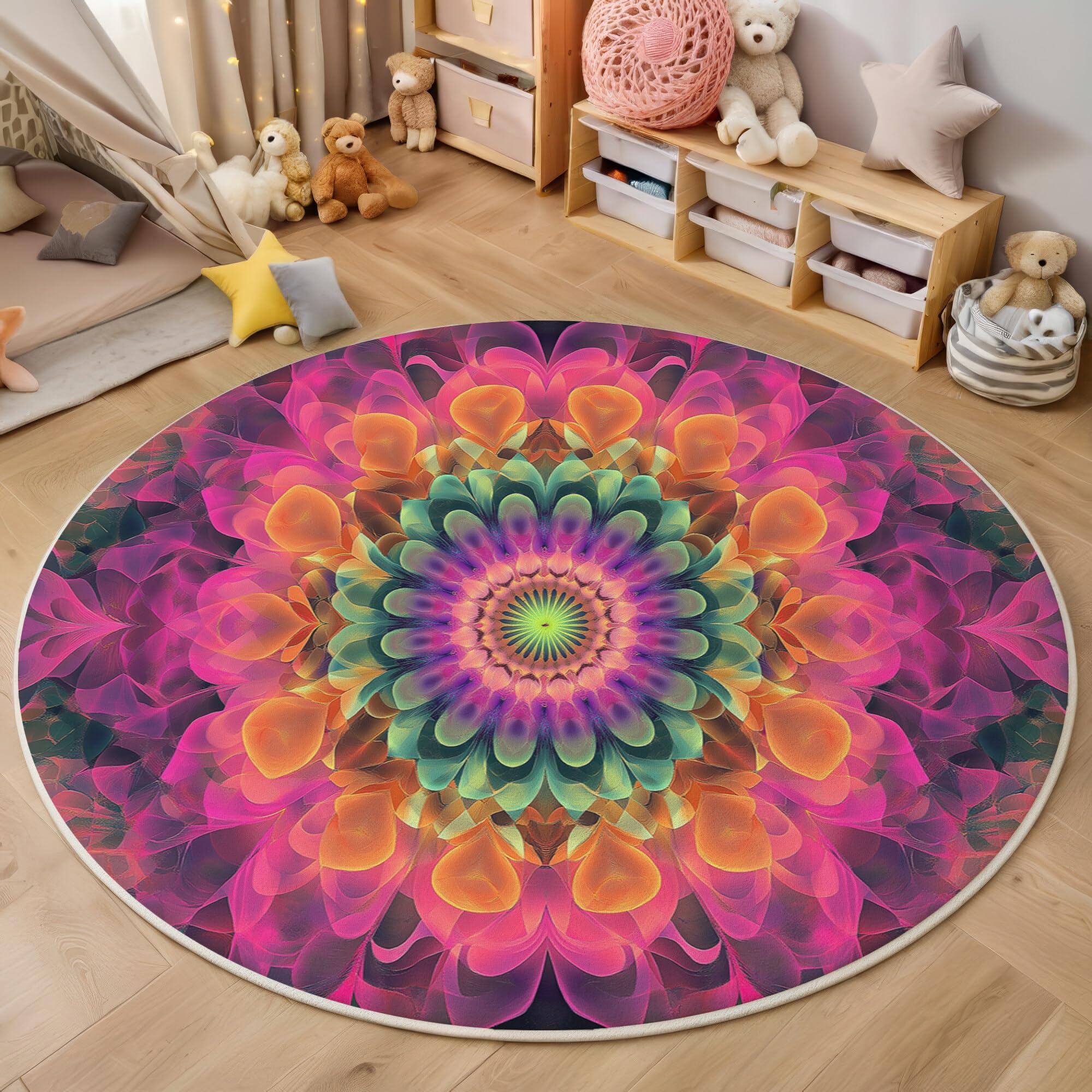 Rond Tapis Salon Rose Moquette 3D Mandala Tourbillonnant Chambre De Décoration Poil Ras Lavable en Machine Paillasson Art Psychédélique Antidérapant Salle A Manger Chambre Adulte,120Cm