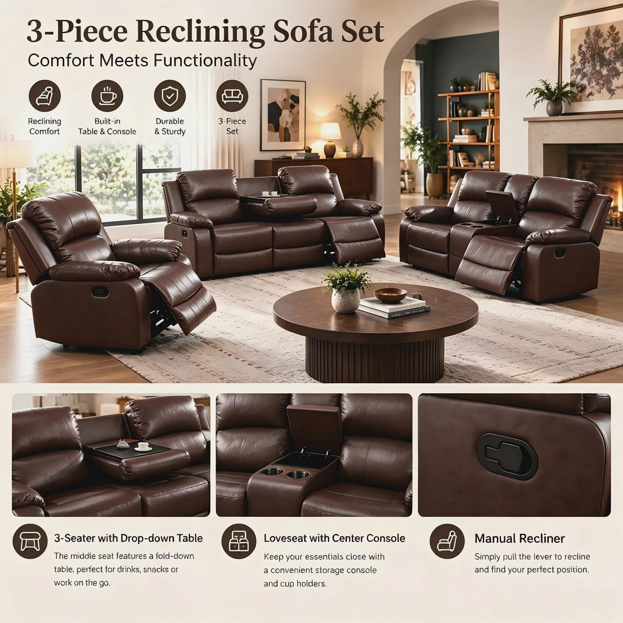 Toseslo Living Room Furniture Sets, Manual Reclining Sofa and Lovseat Set with Drop-Down Table, Leather Recliner Couch Sets, Recliner Sofa with Storage Console/Cup Holder for Home/Apartment(Black) view 5