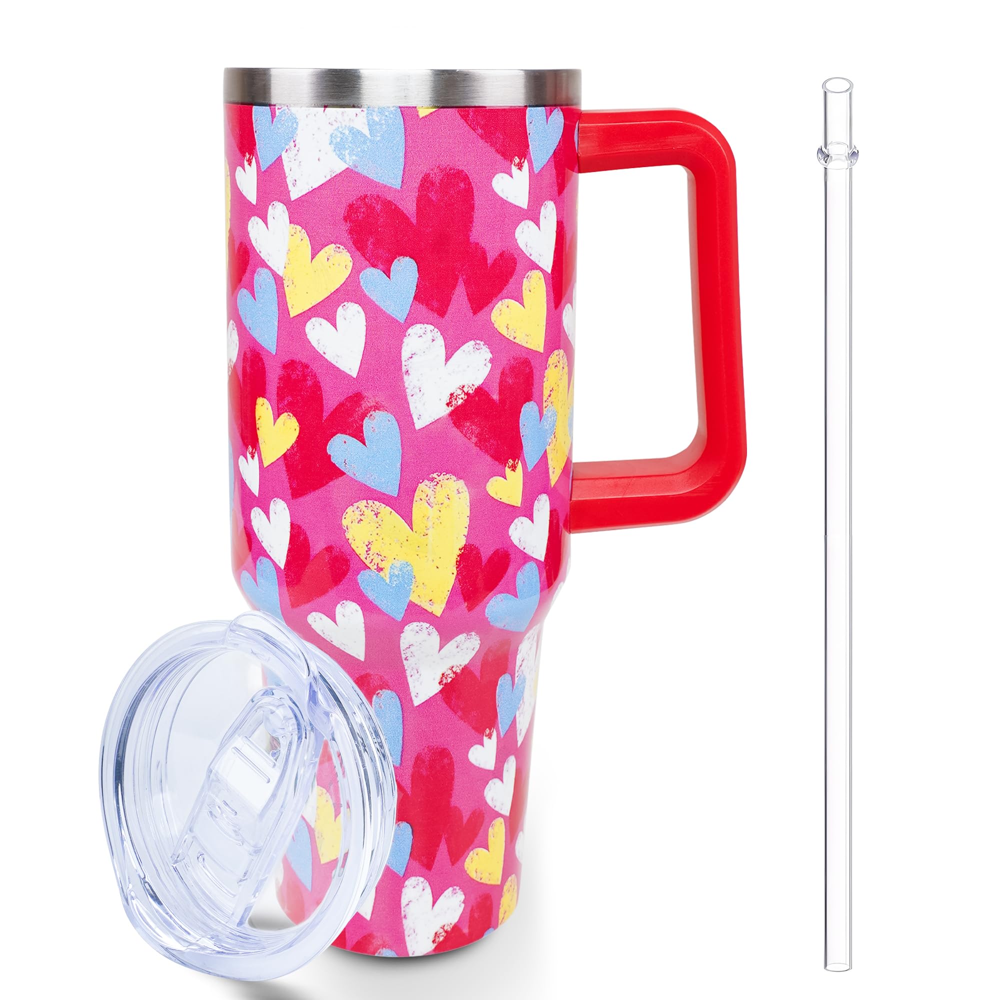 Lumumanber 40oz Valentines Day Tumbler with Handle and Straw, Birthday Christmas Gifts for Wife Girlfriend Bride, Stainless Steel Travel Mug Water Bottle, Heart Vacuum Insulated Cup
