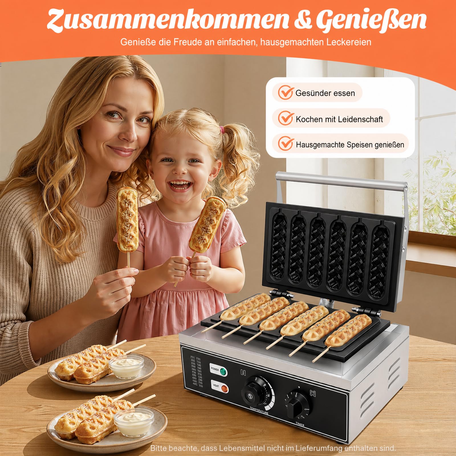 Waffeleosen, 1500W Edelstahl Waffeleisen 6 Waffeln waffeleisen am stiel Antihaftbeschichtung Waffeln Am Stiel Waffelsticks Corn Dogs für Waffeln Am Stiel Waffle Bäckereien, Restaurants