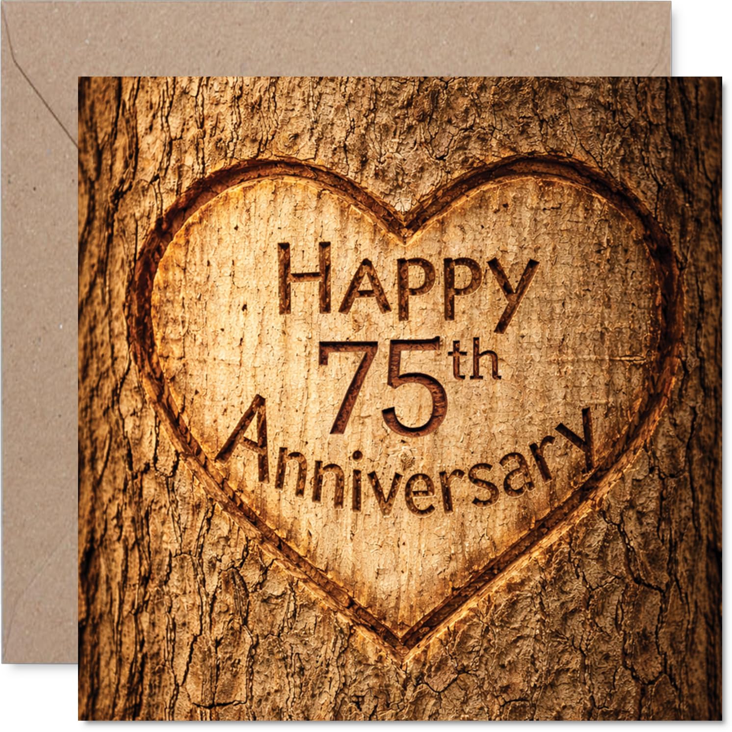 Heartfelt 75th Anniversary Card - Rustic Charm for a Platinum Milestone - Heart Carved in Wood Design - 145mm Square, Envelope Included