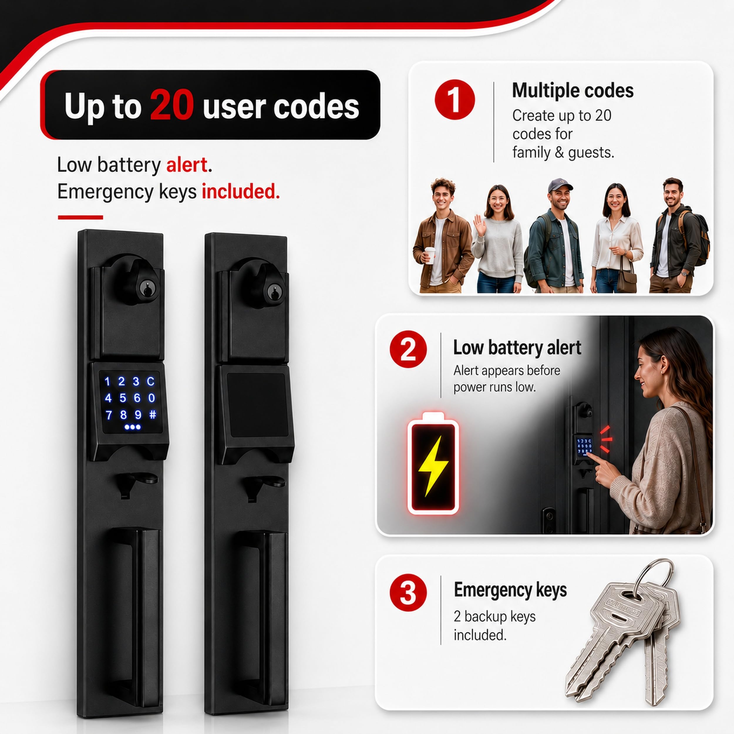 Cerradura de Puerta Electrónica Inteligente con Teclado para Puerta Doble, Manija Electrónica sin Llave Cerradura (Juego de Llaves y Ficticio), MMDHST2016DB-E-SET-1