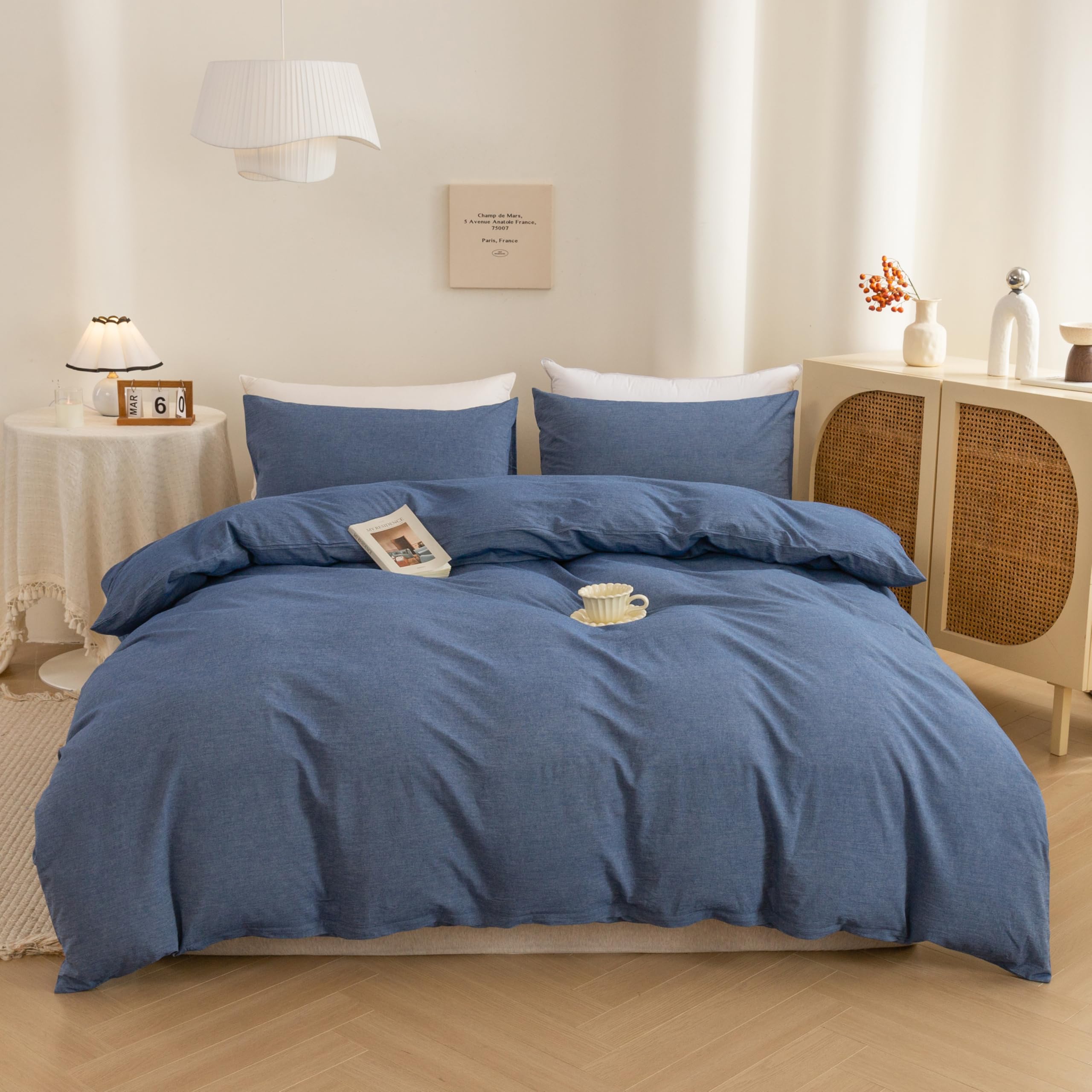 ECOCOTT Denim Blue Duvet Cover King Size, 100% Washed Cotton 1 Duvet Cover with Zipper and 2 Pillowcases, Ultra Soft and Easy Care Breathable Cozy Bedding Set (Denim Blue, King)