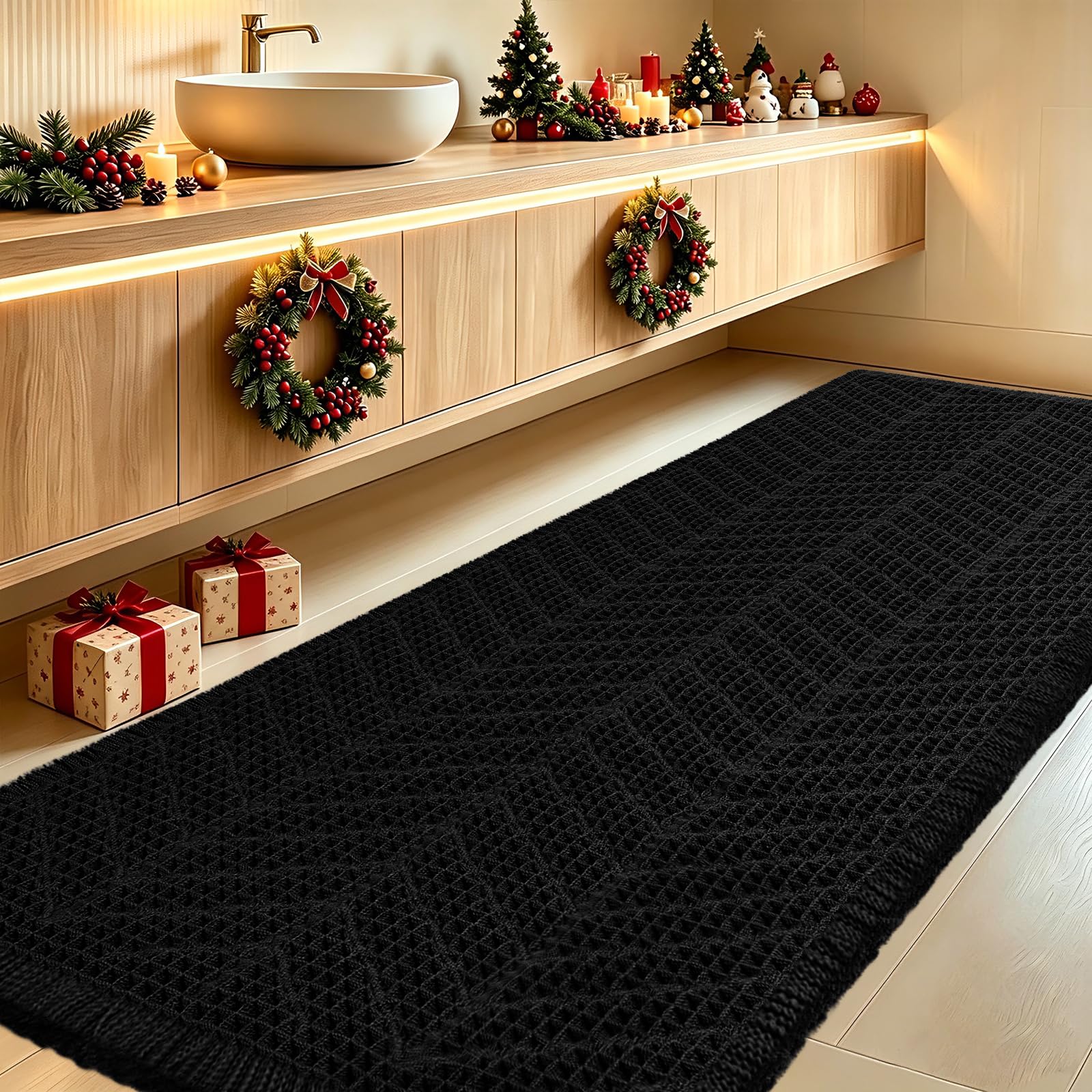 IM HOME Extra Large Waffle Bath Mat, Boho Bathroom Rugs Absorbent Non Slip, Ultra Soft Bathroom Mat, Machine Washable Knit Bath Rugs with Herringbones for Bathroom, Bedroom, Kitchen, 6'x2', Black