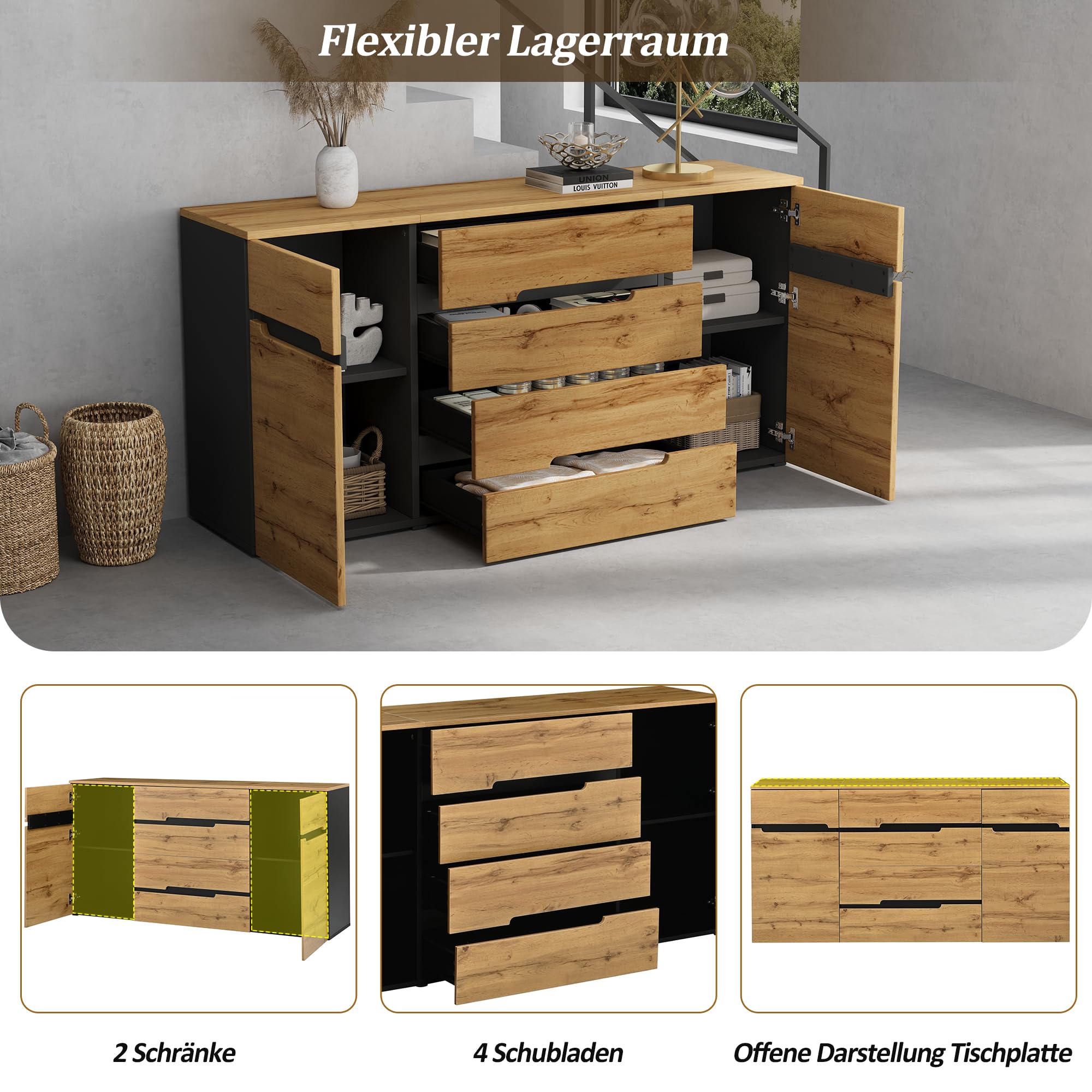 Merax Aparador con 2 puertas de armario, 4 cajones, aparador de madera, armario de cocina buffet, armarios anchos sin mango, color madera + negro/160 x 40 x 80 cm