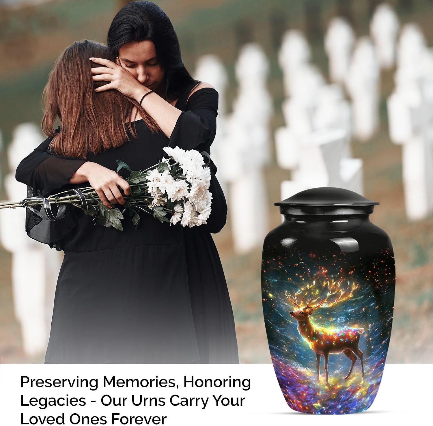 Deer Lighting Decorative Urn, Pack of 2 (10 Inch Urn & 3 Inch Urn), Urn for Human Ashes, Cremation Urn for Ashes Adult Male, Memorial Urn, Funeral Urn, Black Urn, Urns with Deer for Human