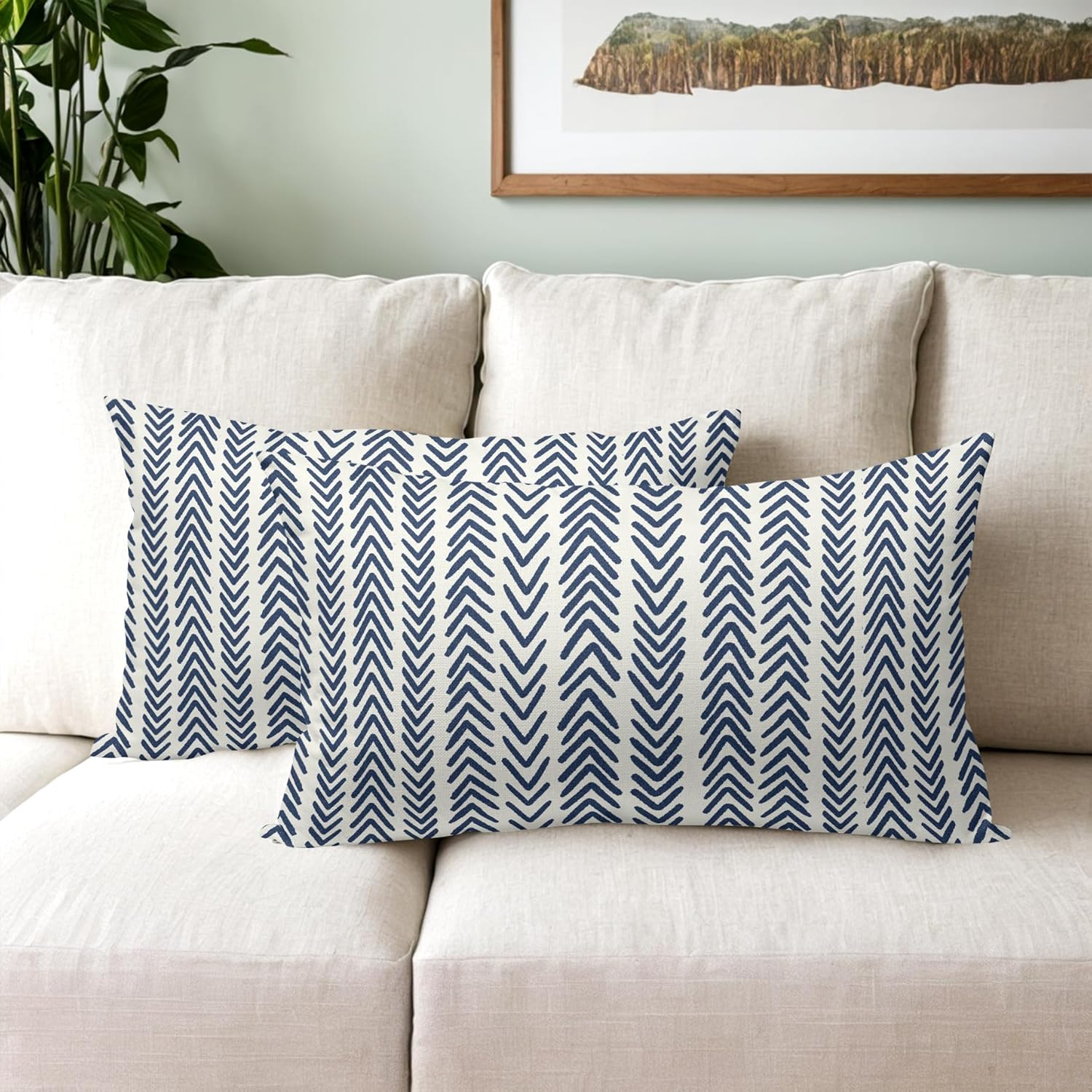 Indigo Blue Herringbone Pillow Covers 12x20 Inch Set of 2 Navy White Boho Bohemian Ethnic Geometric Throw Pillows Modern Cotton Linen Cream Cushion Case Farmhouse Home Decor For Sofa Couch Outdoor - Image 5
