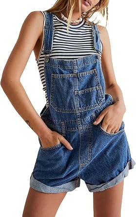 Women Denim Bib Overalls Solid Color Adjustable Straps Baggy Shorts Jean Jumpsuit Romper with Pockets for Streetwear