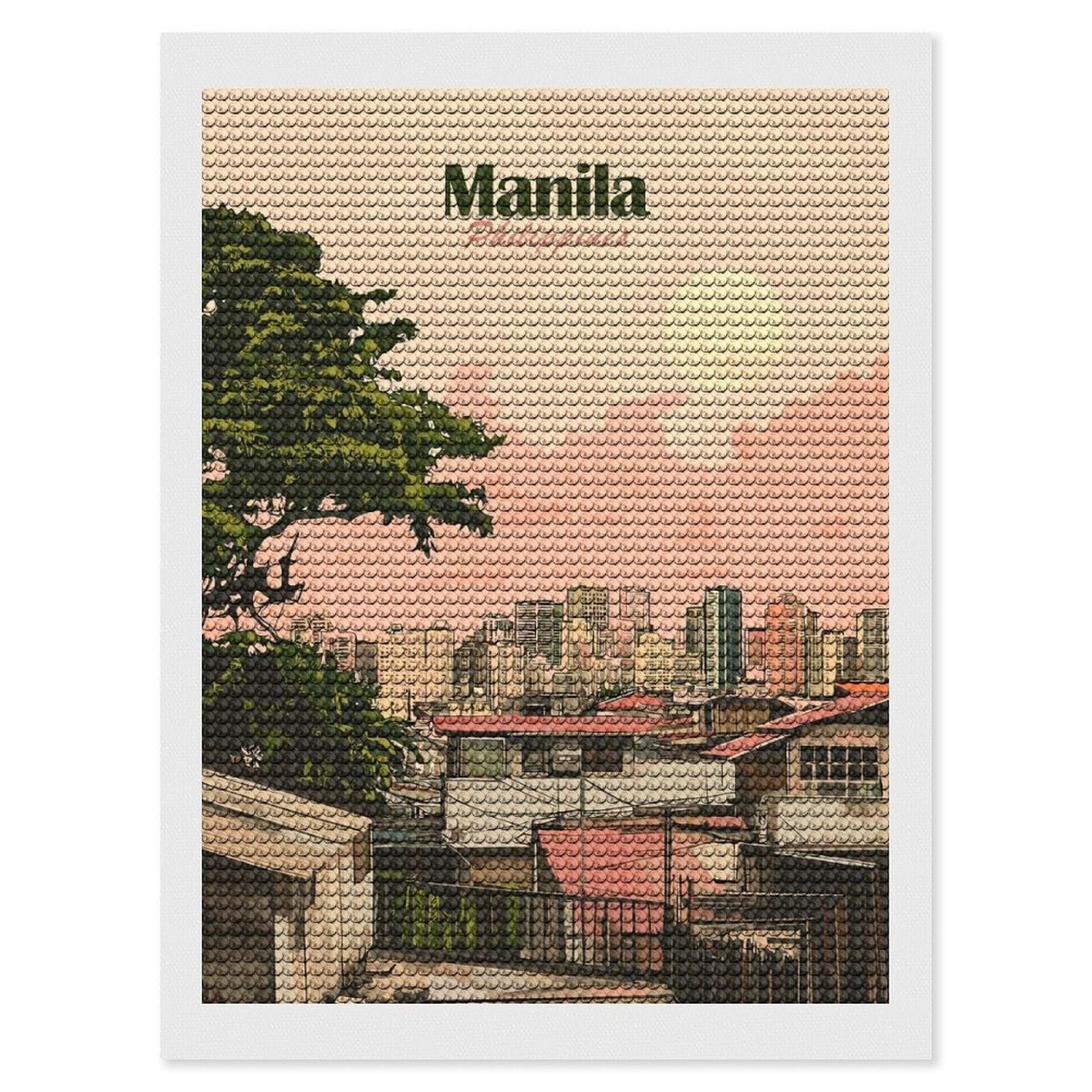 Junmoney Manila Philippines Cityscape Art Round Drill Diamond Painting 12"x16", Satisfying Creative Project, Complete Accessories, Printed Canvas