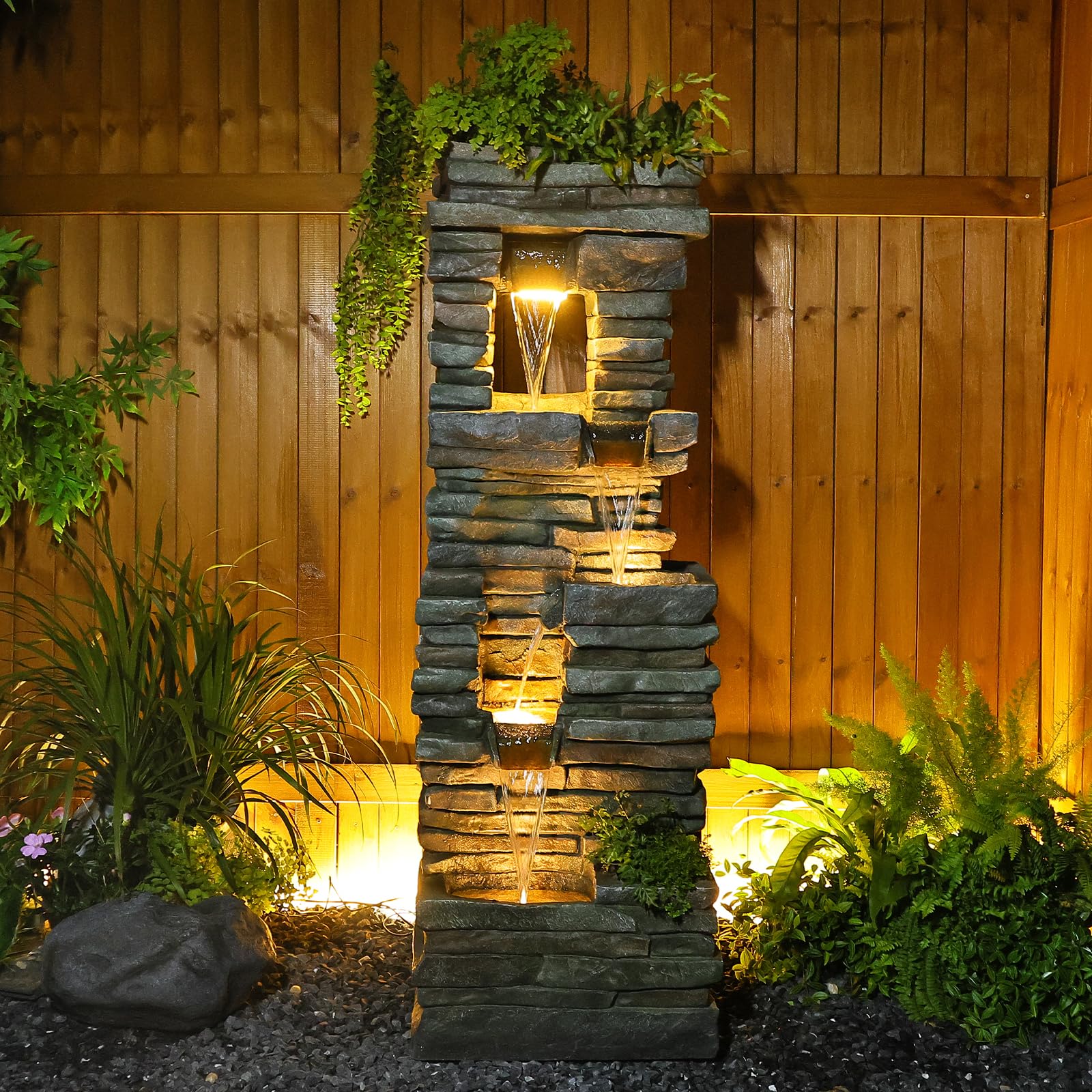 Tankana 59 inches Outdoor Water Fountain Waterfall — Large Garden Rock Fountains 4-Tiered Waterfall Outdoor with Lights, Natural Stone Look Hollow Fountain for Patio Pool Porch Backyard, Stone Gray