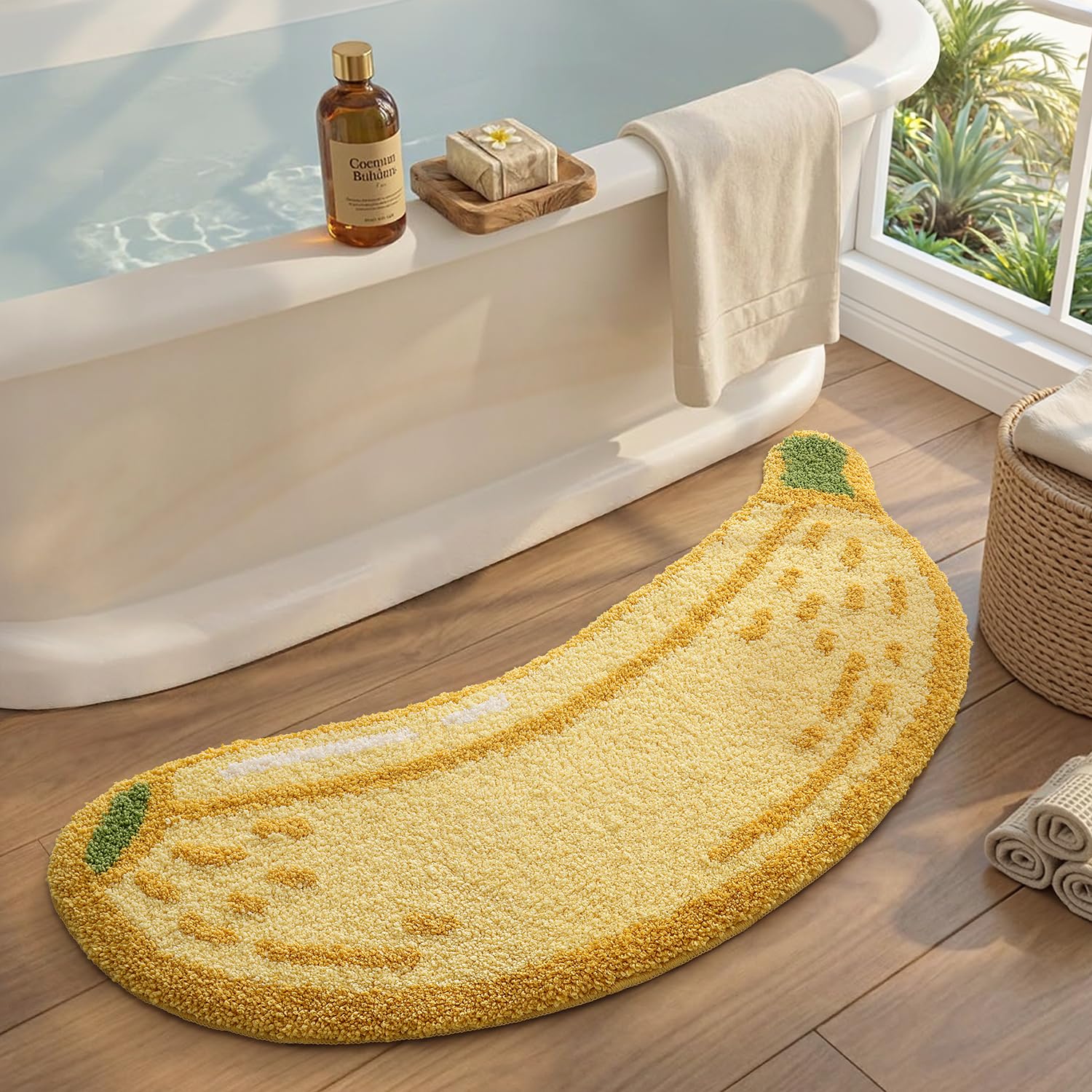 DEXI Bath Mat 47 x 100 cm, Non-Slip Absorbent Bathmat with Banana Pattern, Washable Rugs for Shower Floor, Bedroom, Bathroom Accessories Decor, Mustard Yellow