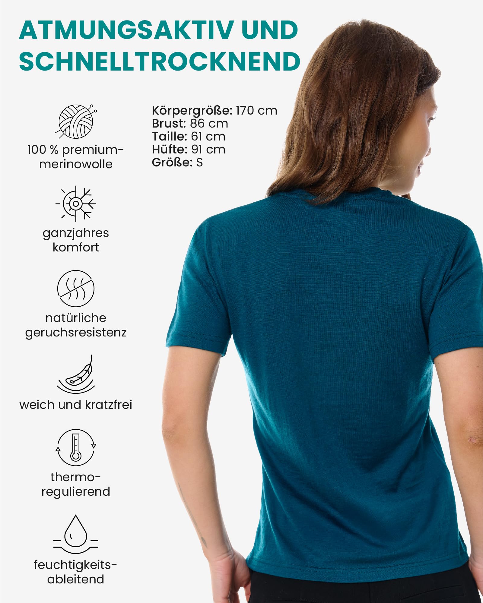 Merino.tech 100% Merino Shirt Damen Wandern - Merinowolle Tshirt Kurzarm Thermo Unterhemd