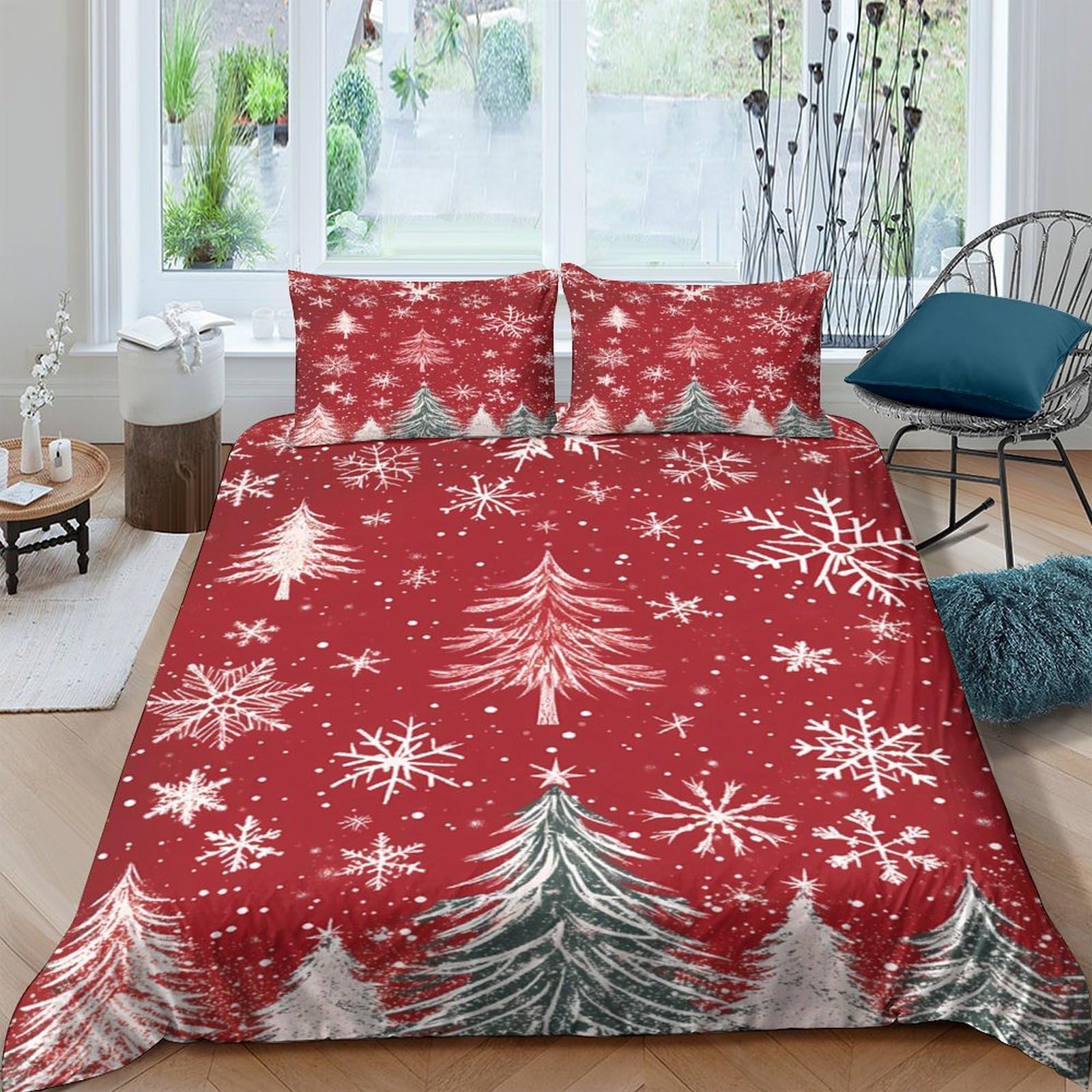 Ctjqhvkz Style-10 3D Printed Christmas Tree Fitted Sheet Microfiber Red Snowflake Bed Cover For Bedroom Guest Room Decor Easy Care Single（135X200cm）